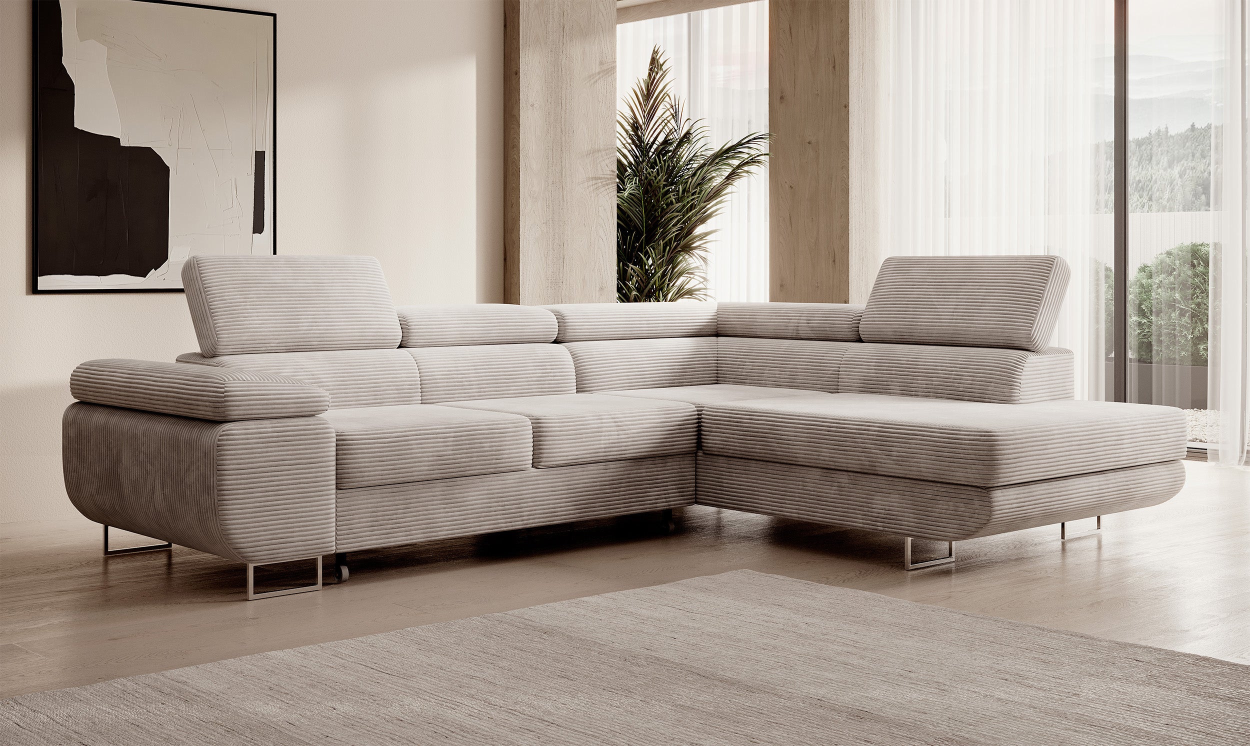 Ecksofa mit Schlaffunktion Stevil, L-förmig, mit Stauraum, grau-beige Cord, rechtsseitig