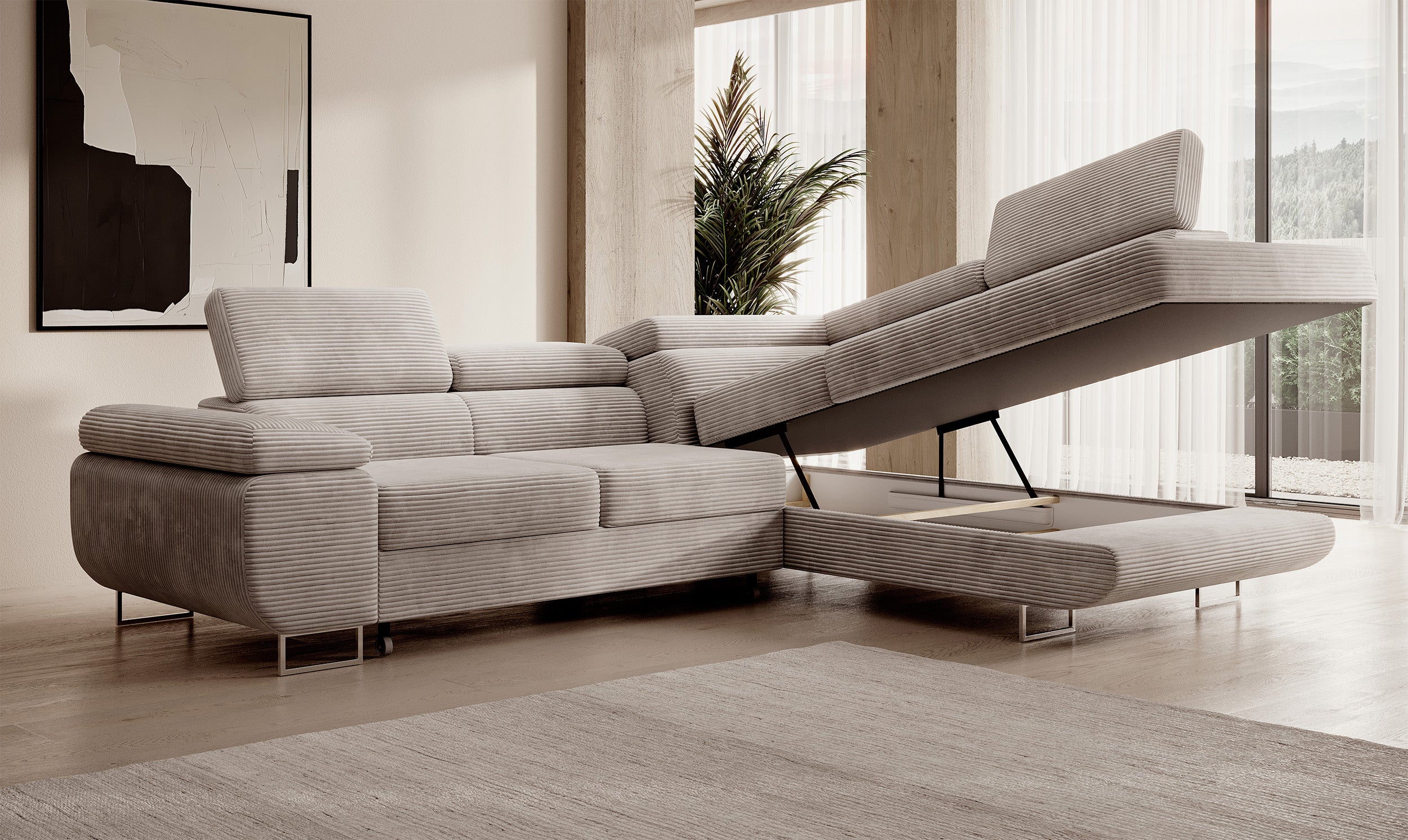 Ecksofa mit Schlaffunktion Stevil, L-förmig, mit Stauraum, grau-beige Cord, rechtsseitig