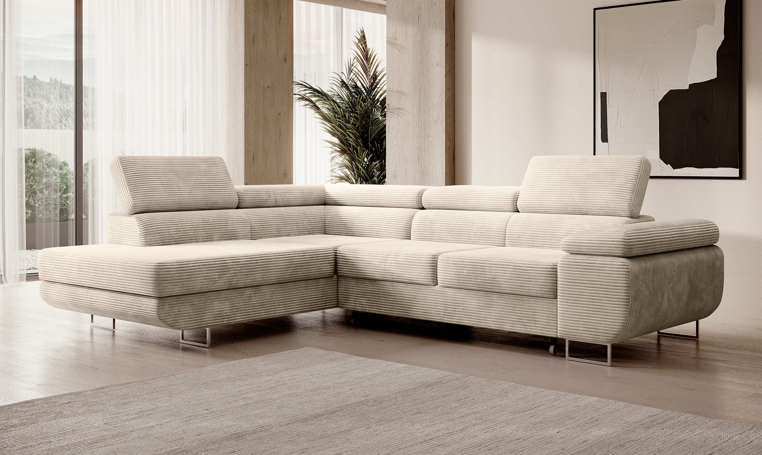 Ecksofa mit Schlaffunktion Stevil, L-förmig, mit Stauraum, hellbeiger Cordstoff, linksseitig