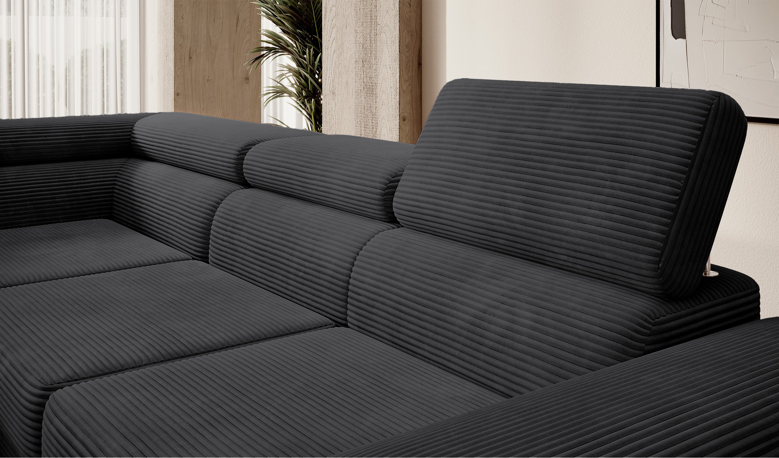 Ecksofa mit Schlafunktion Stevil, L-förmig, mit Stauraum, schwarzer Cord, linksseitig