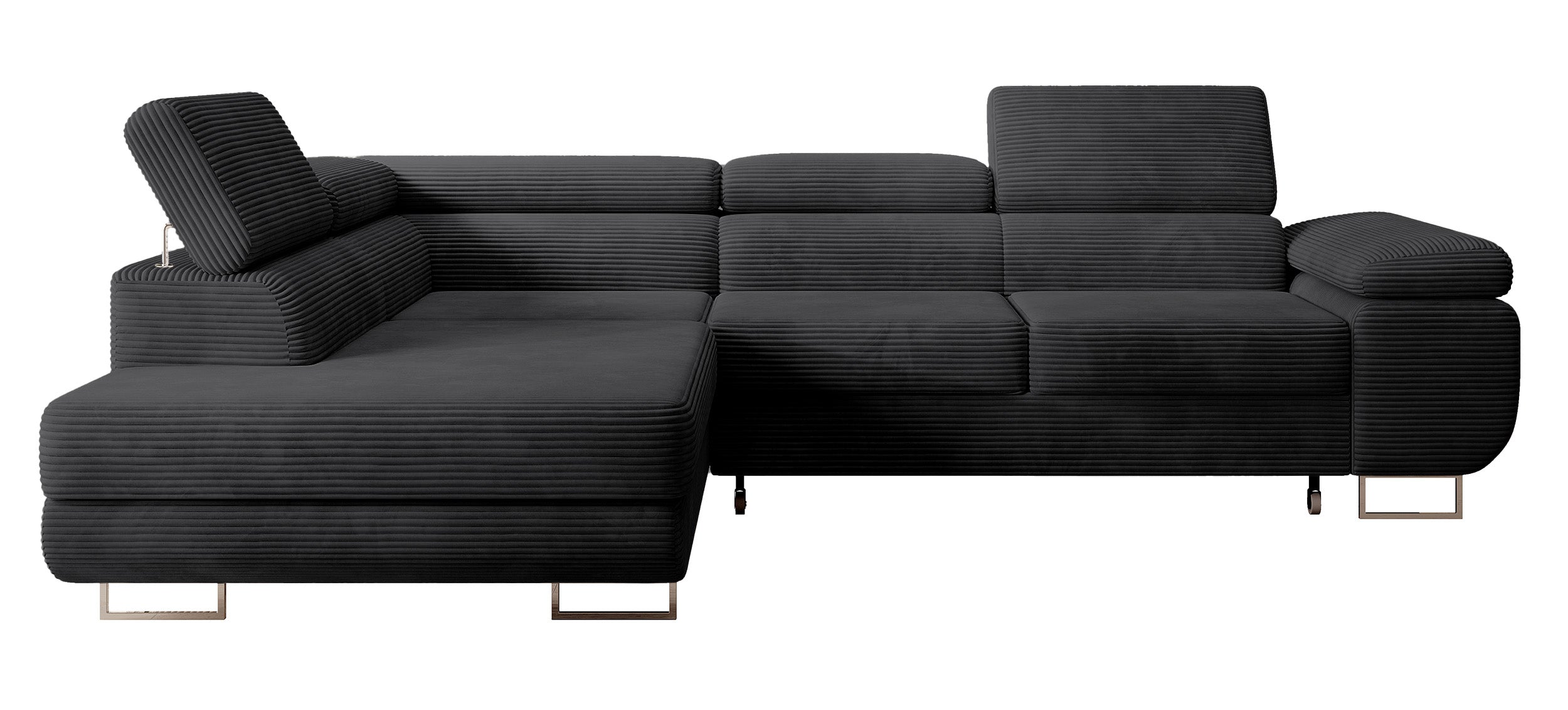 Ecksofa mit Schlafunktion Stevil, L-förmig, mit Stauraum, schwarzer Cord, linksseitig