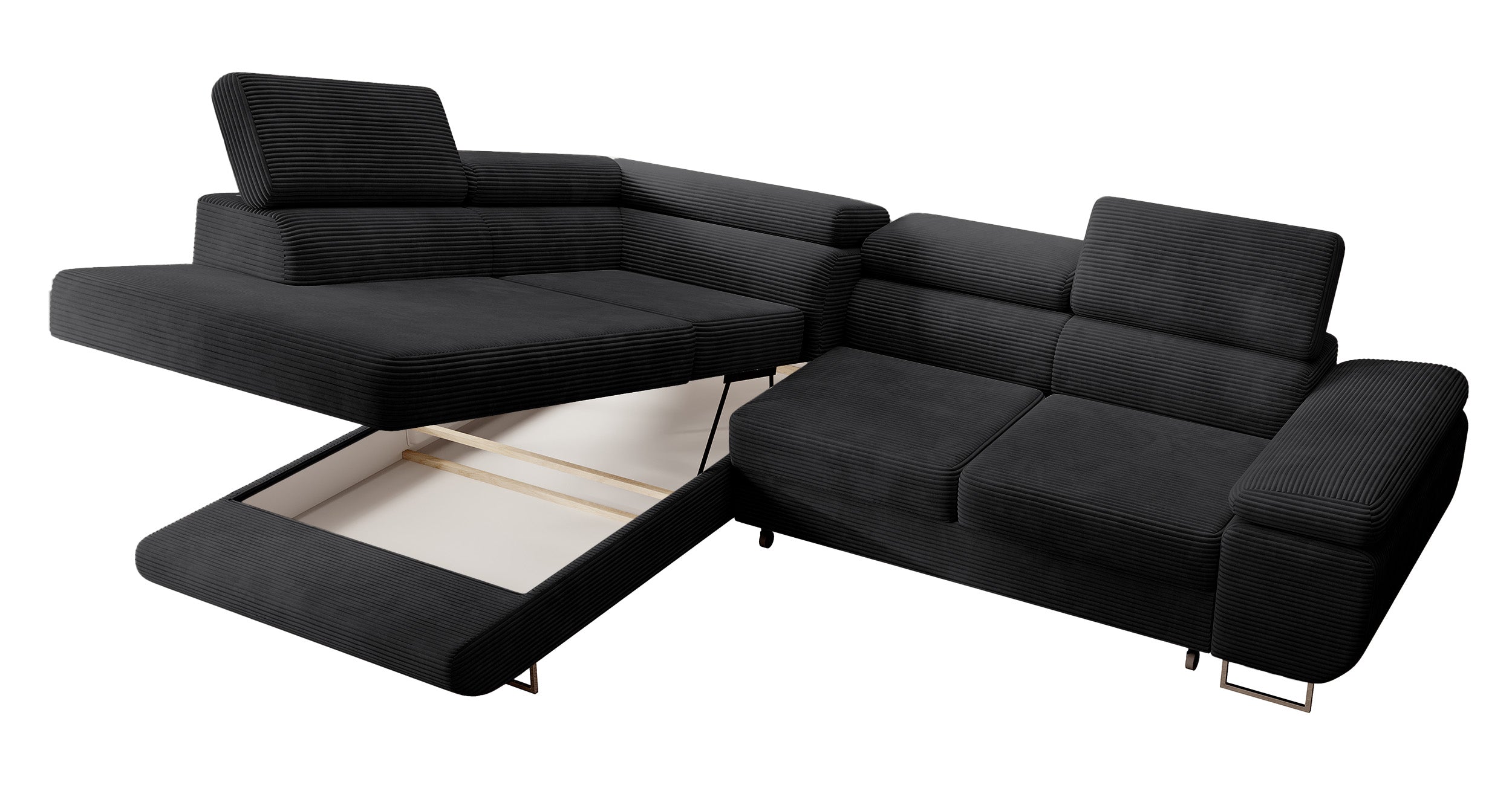 Ecksofa mit Schlafunktion Stevil, L-förmig, mit Stauraum, schwarzer Cord, linksseitig