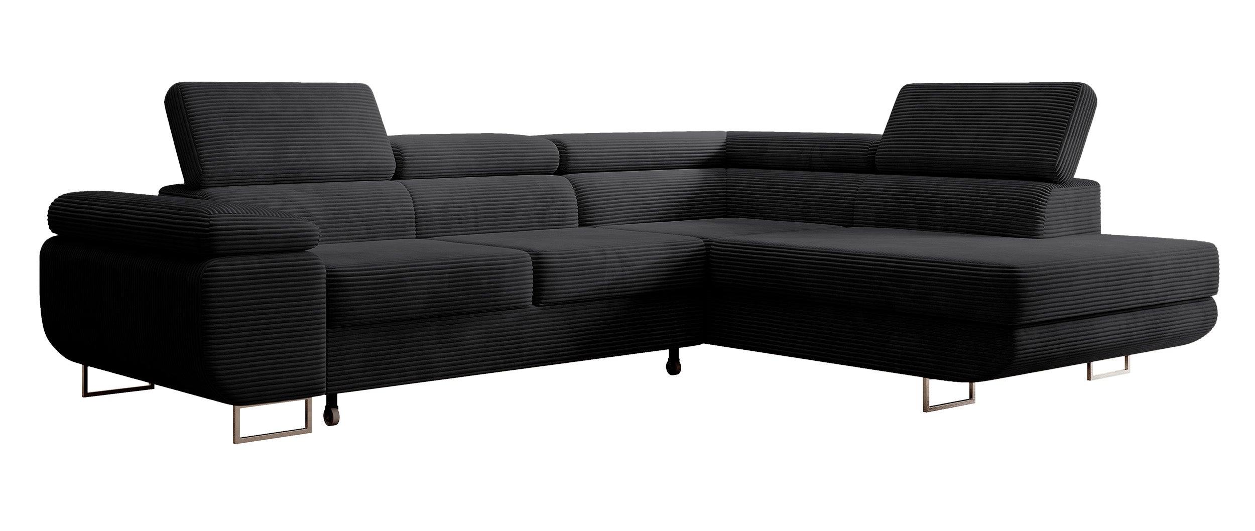 Ecksofa mit Schlaffunktion Stevil, L-förmig, mit Stauraum, schwarzer Cordstoff, rechtsseitig