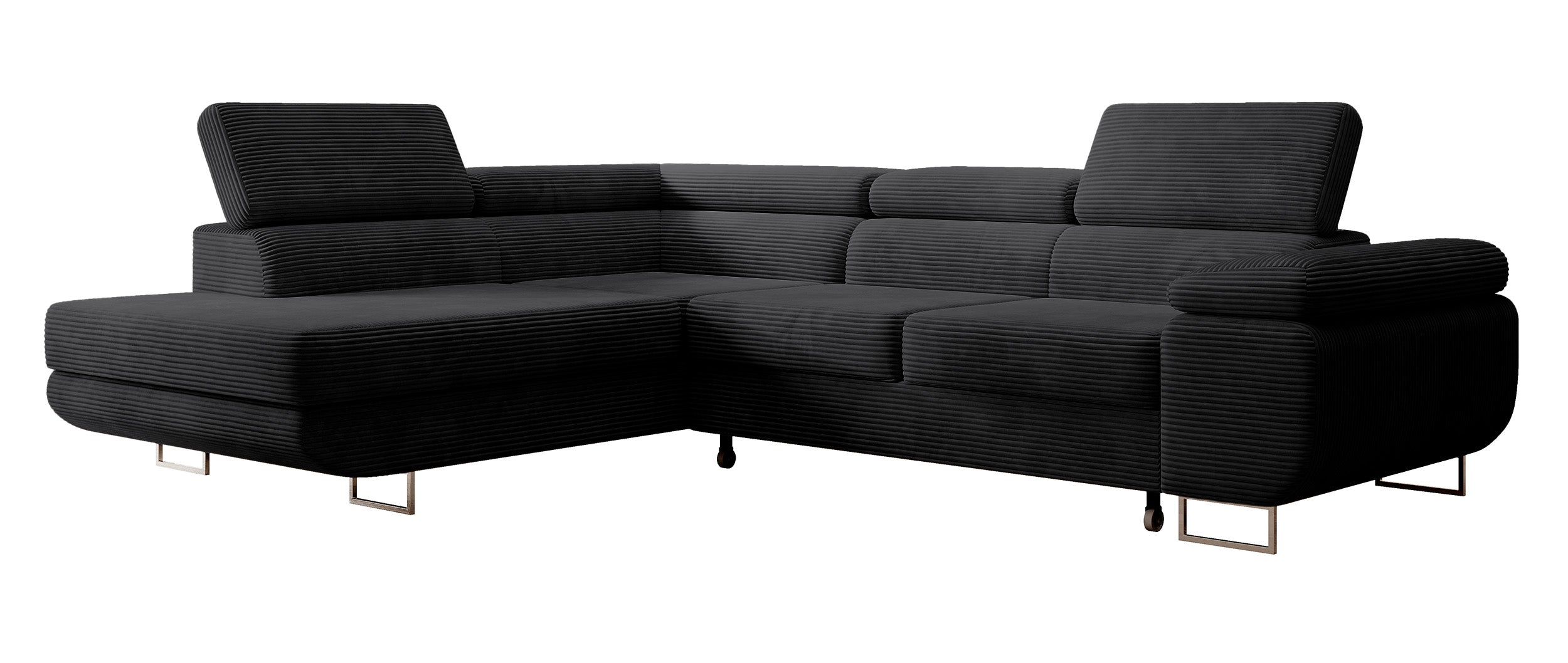 Ecksofa mit Schlafunktion Stevil, L-förmig, mit Stauraum, schwarzer Cord, linksseitig