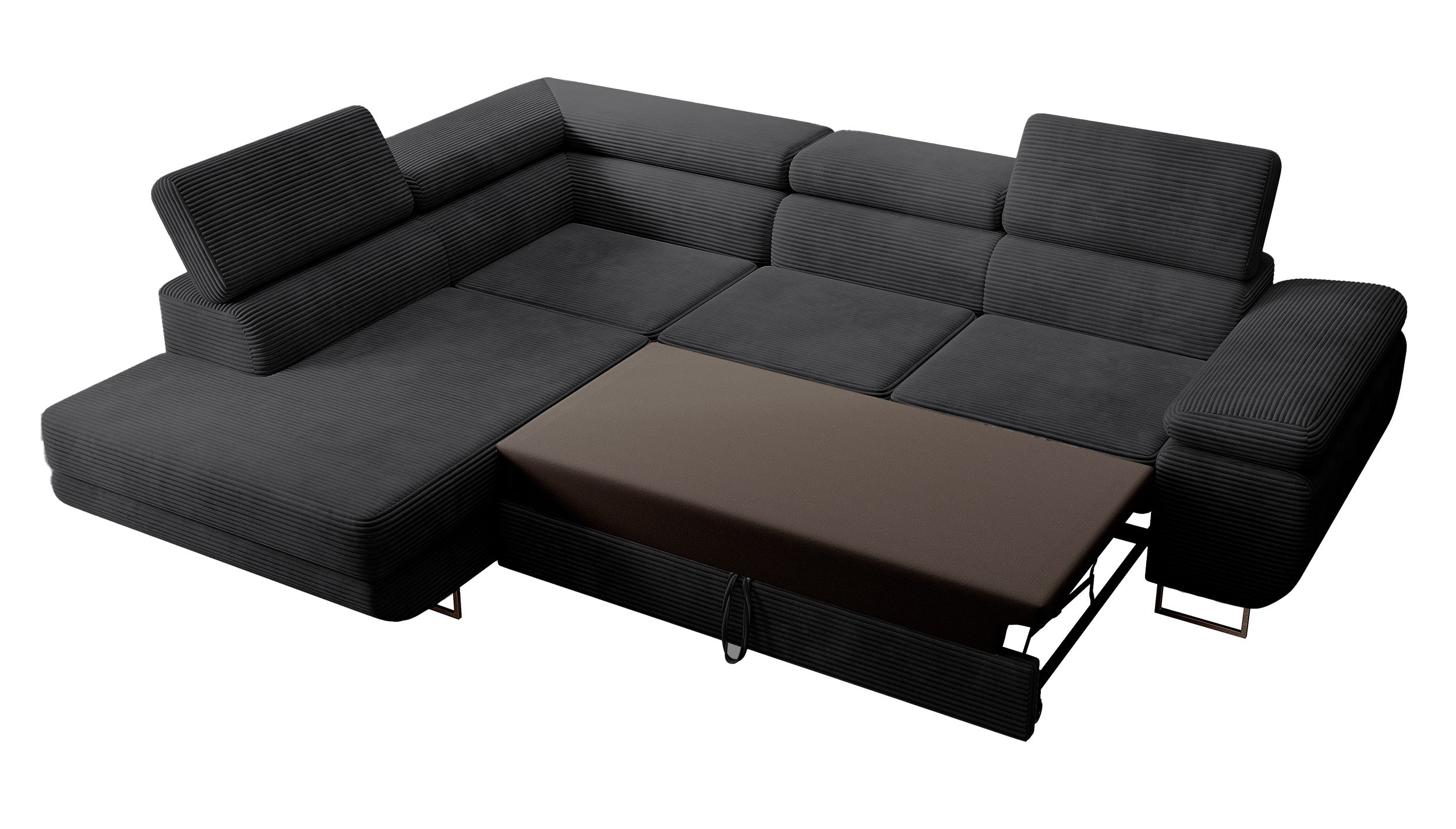 Ecksofa mit Schlafunktion Stevil, L-förmig, mit Stauraum, schwarzer Cord, linksseitig