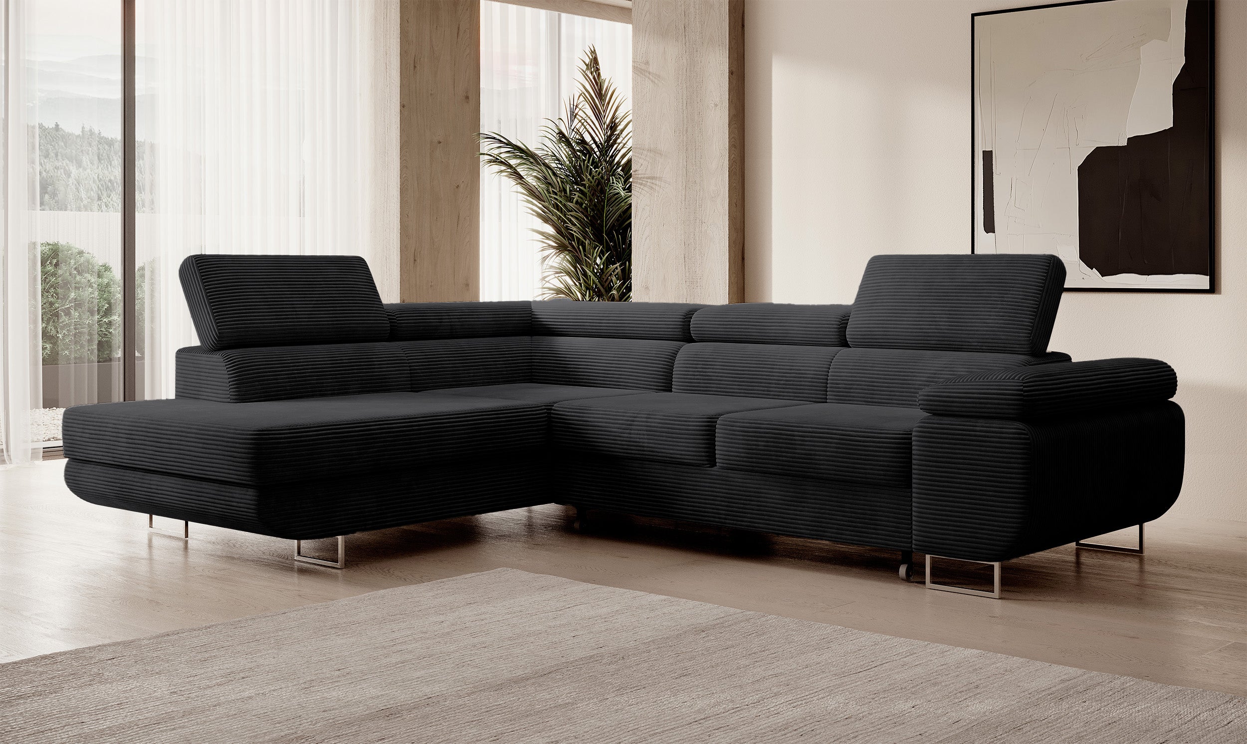 Ecksofa mit Schlafunktion Stevil, L-förmig, mit Stauraum, schwarzer Cord, linksseitig