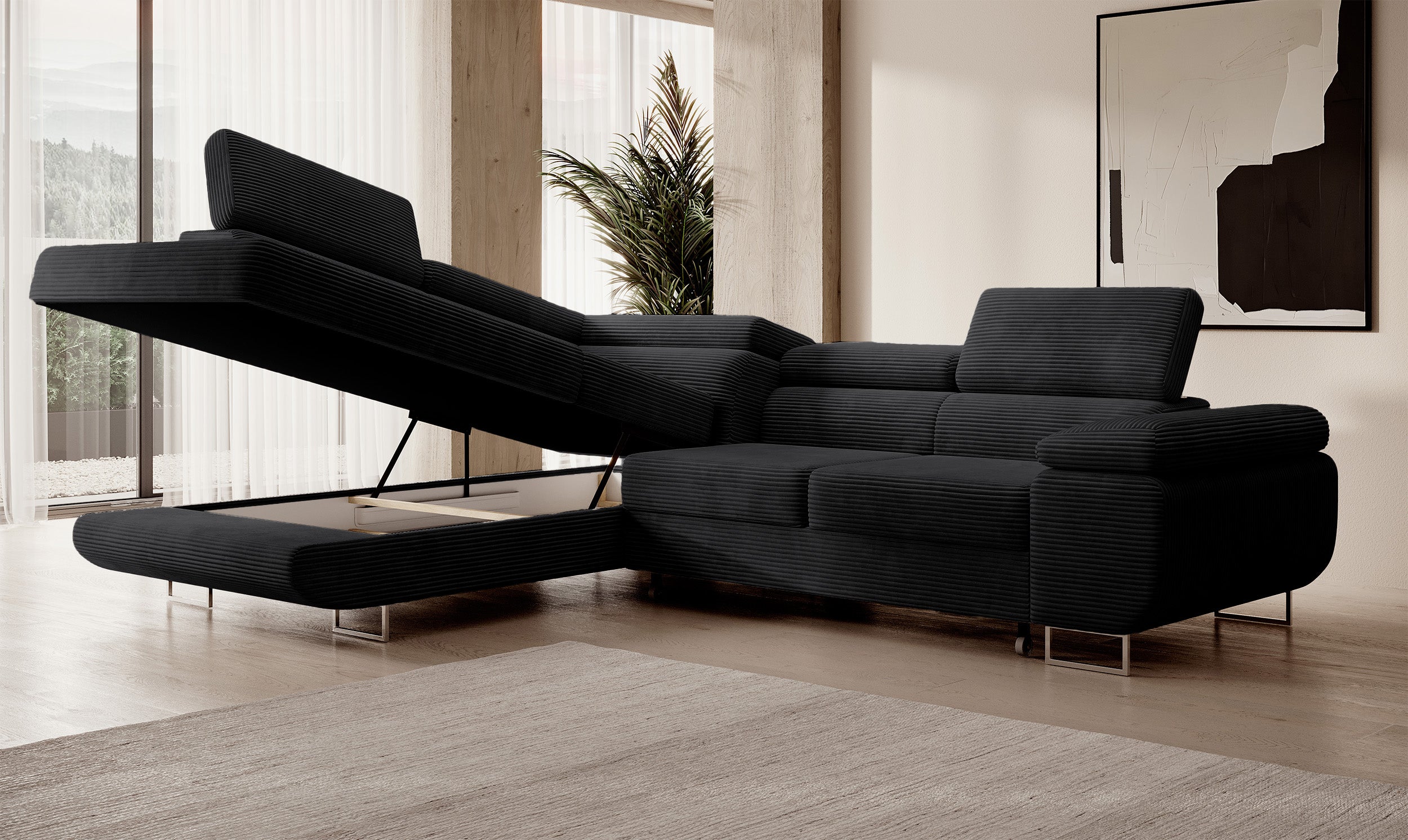 Ecksofa mit Schlafunktion Stevil, L-förmig, mit Stauraum, schwarzer Cord, linksseitig