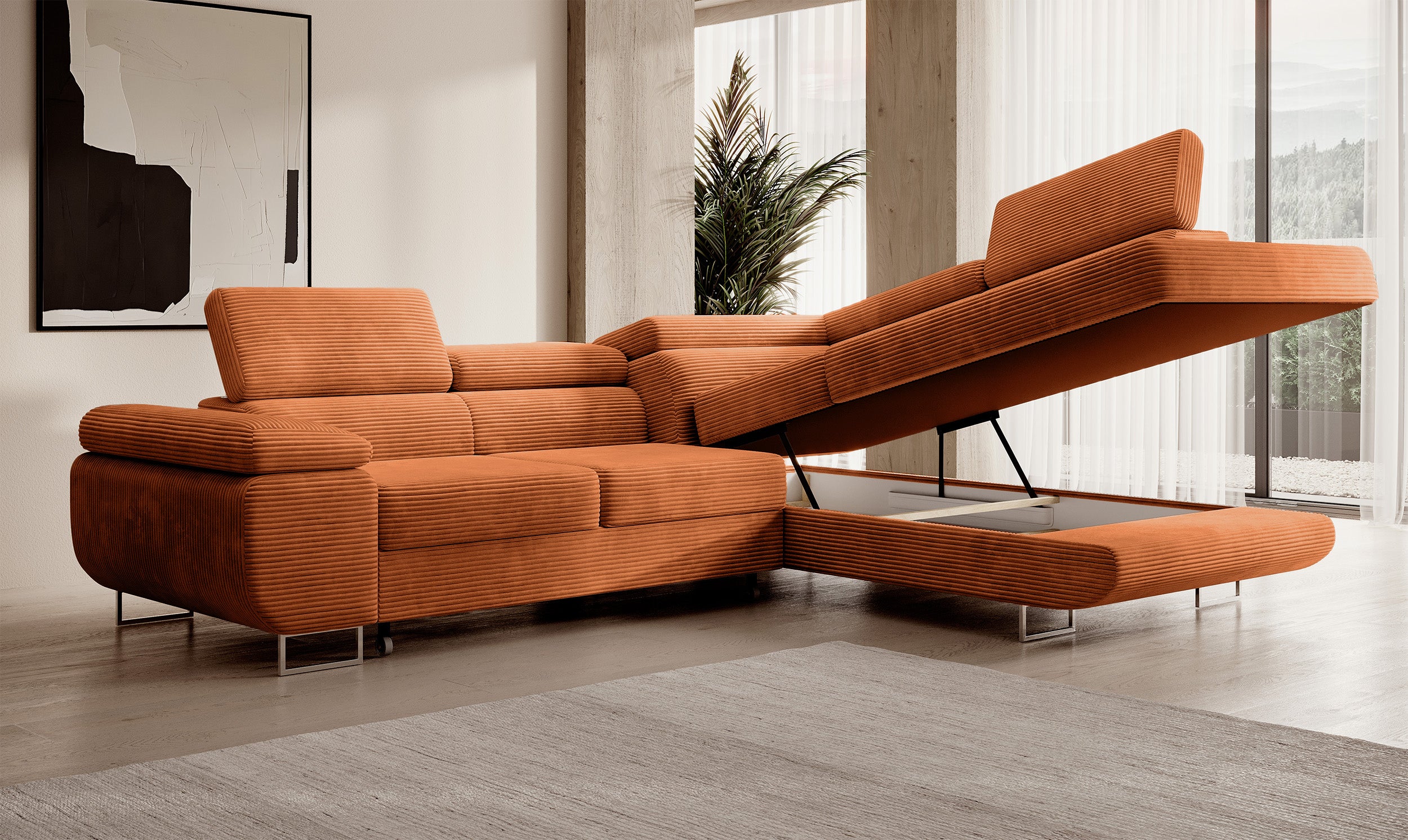 Ecksofa mit Schlaffunktion Stevil, L-förmig, mit Stauraum, kupferfarbener Cordstoff, rechtsseitig