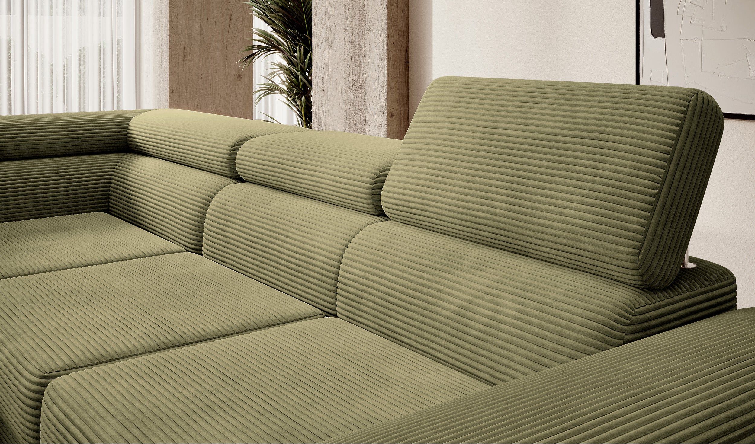Ecksofa mit Schlaffunktion Stevil, L-förmig, mit Stauraum, olivgrüner Cordstoff, linksseitig