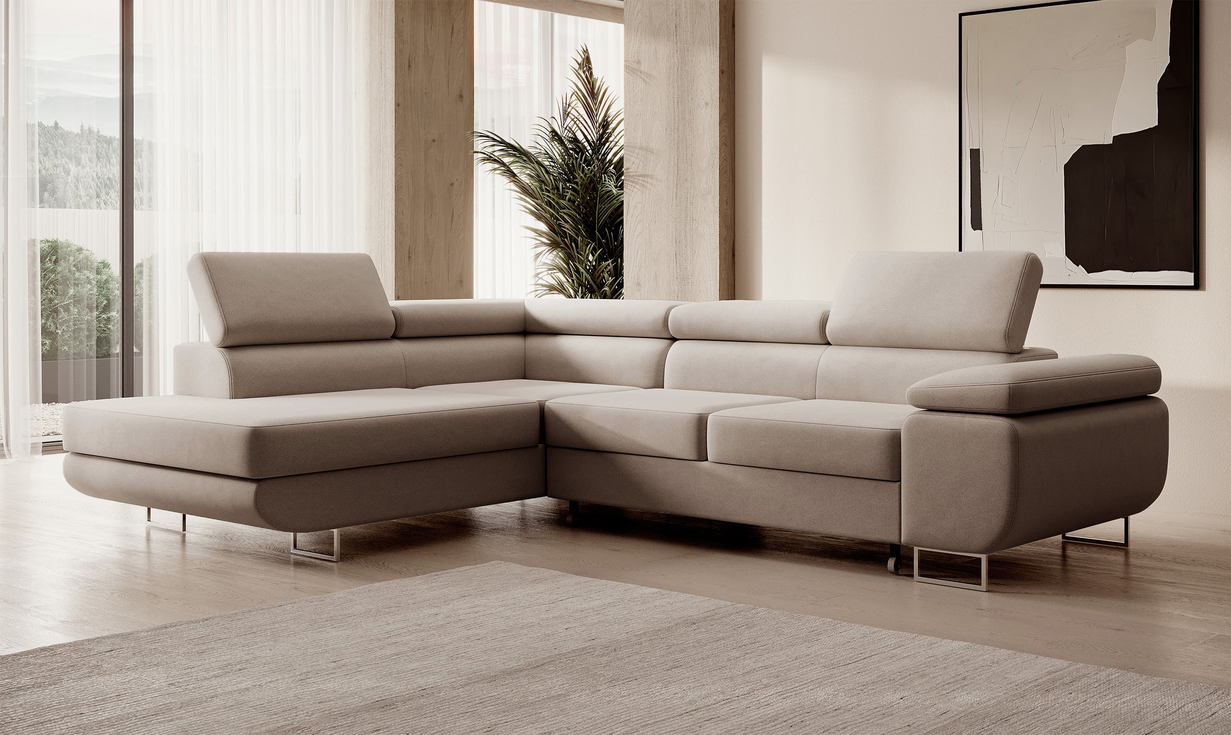 Ecksofa mit Schlaffunktion Stevil, L-förmig, mit Stauraum, beige, samt, pflegeleicht, linksseitig