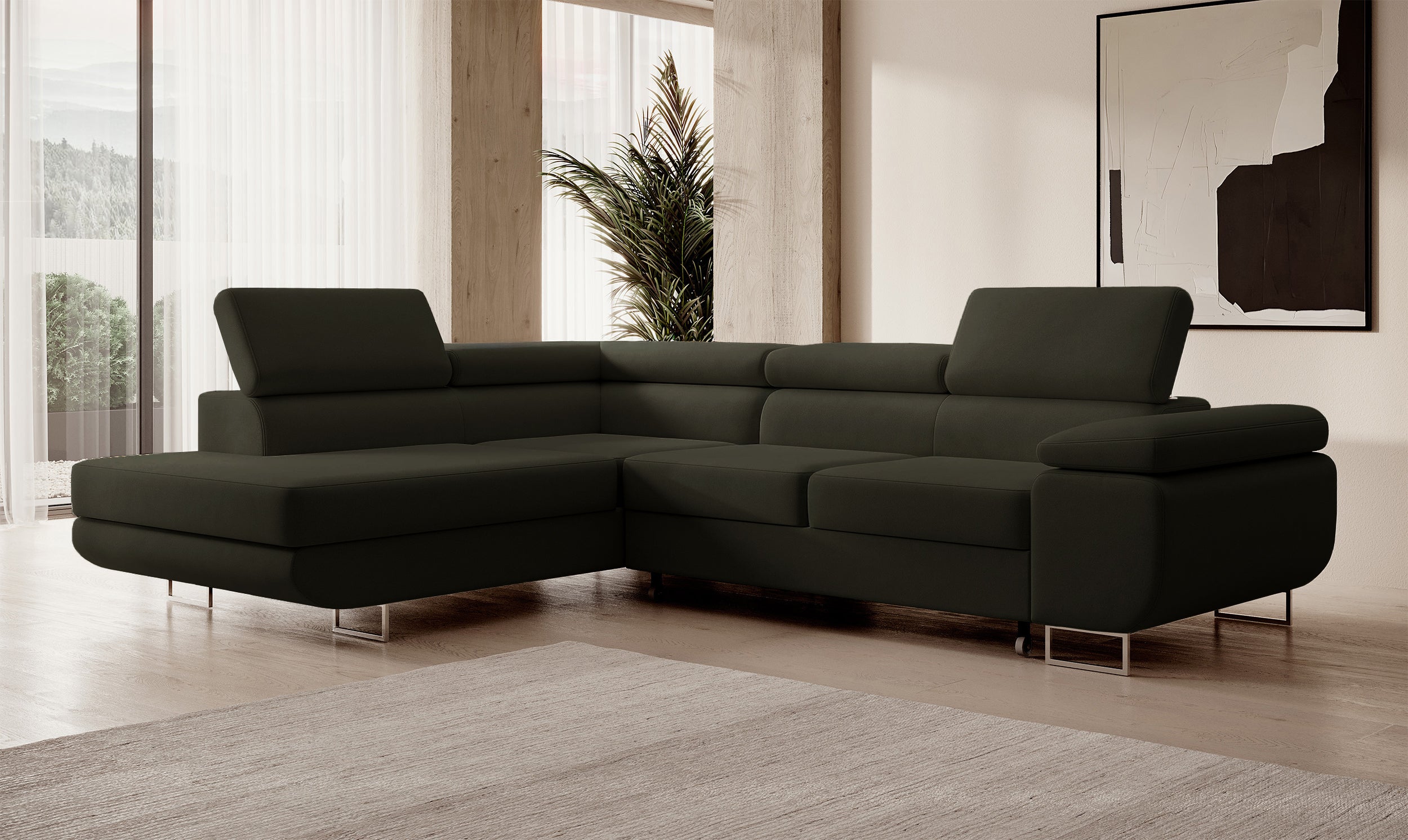 Ecksofa mit Schlafunktion Stevil, L-förmig, mit Stauraum, olivgrüner, pflegeleichter Samt, linksseitig