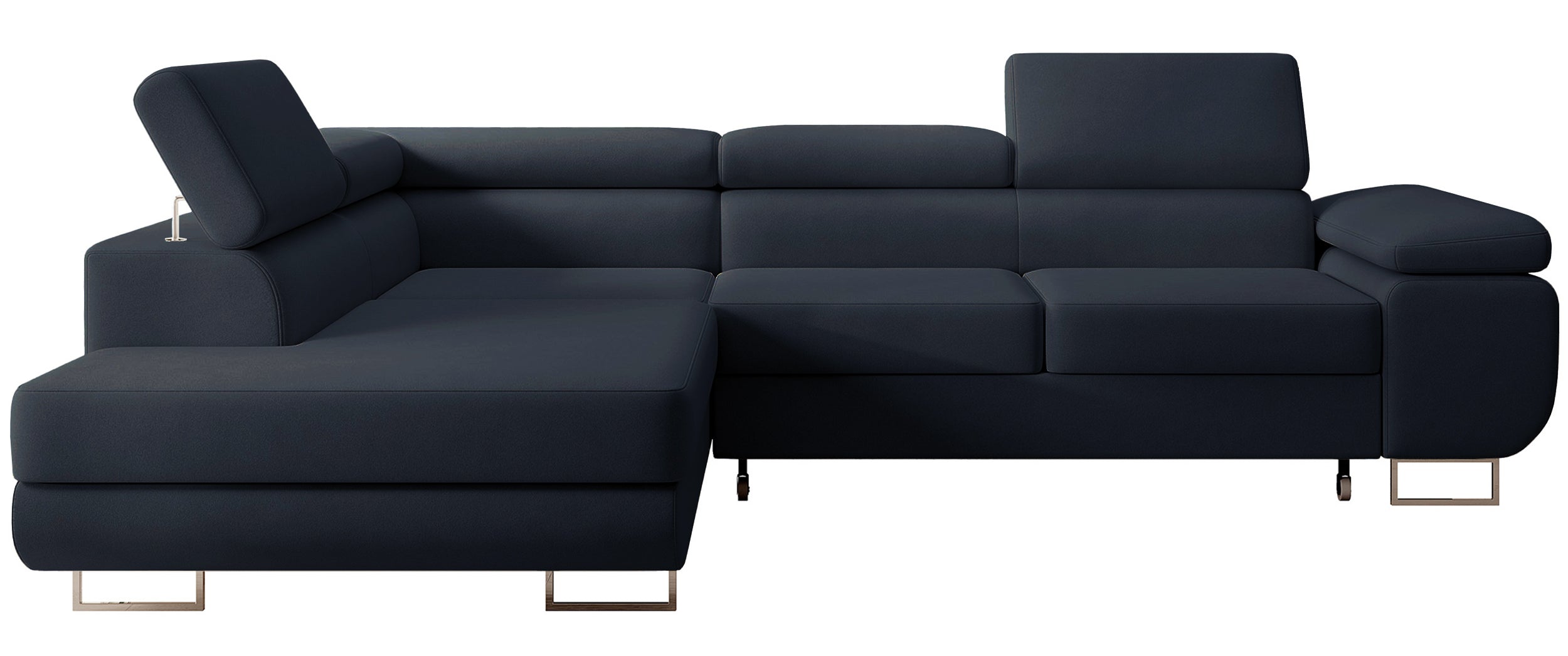 Ecksofa mit Schlaffunktion Stevil, L-förmig, mit Stauraum, marineblauer, leicht zu reinigender Samt, linksseitig
