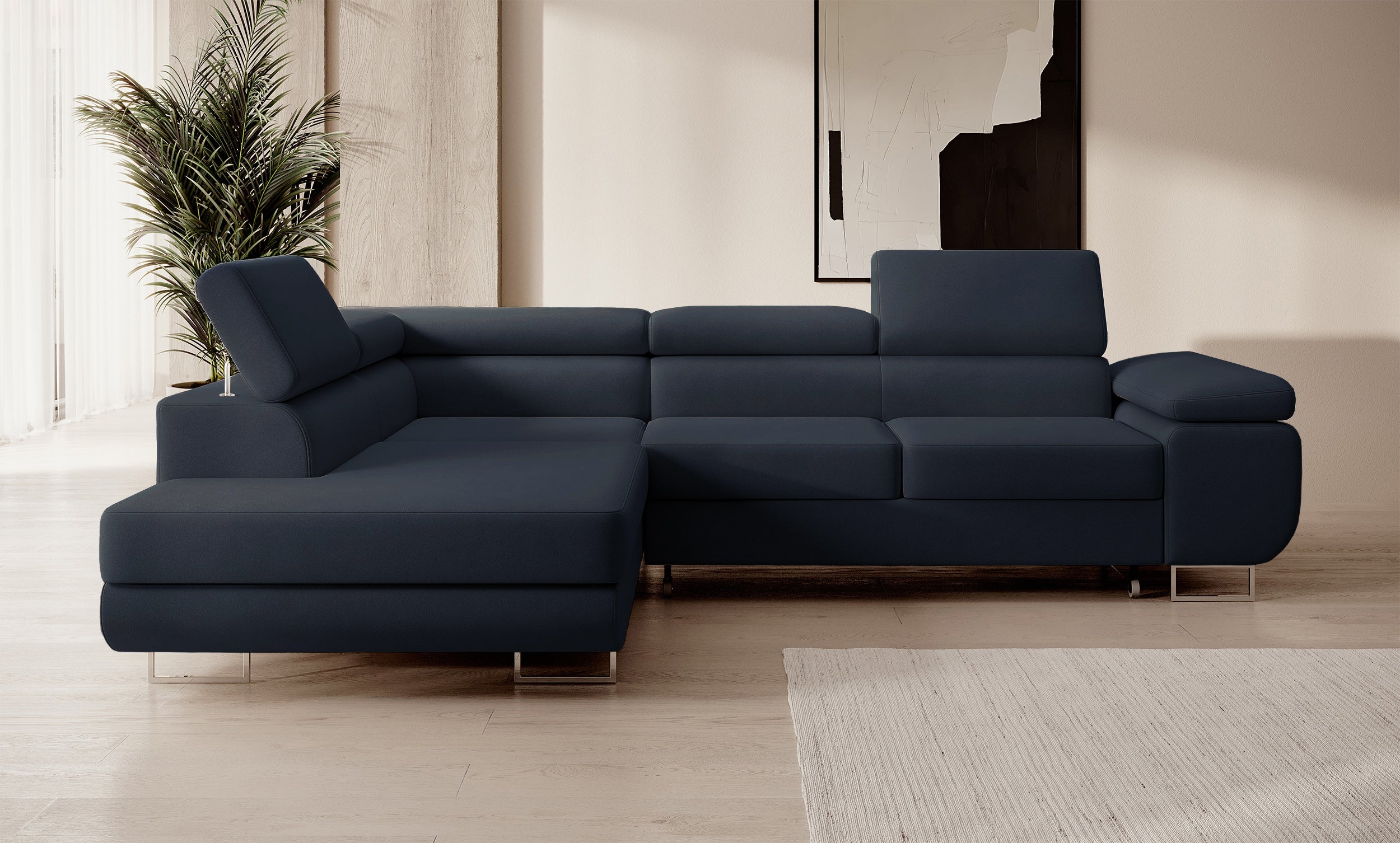 Ecksofa mit Schlaffunktion Stevil, L-förmig, mit Stauraum, marineblauer, leicht zu reinigender Samt, linksseitig