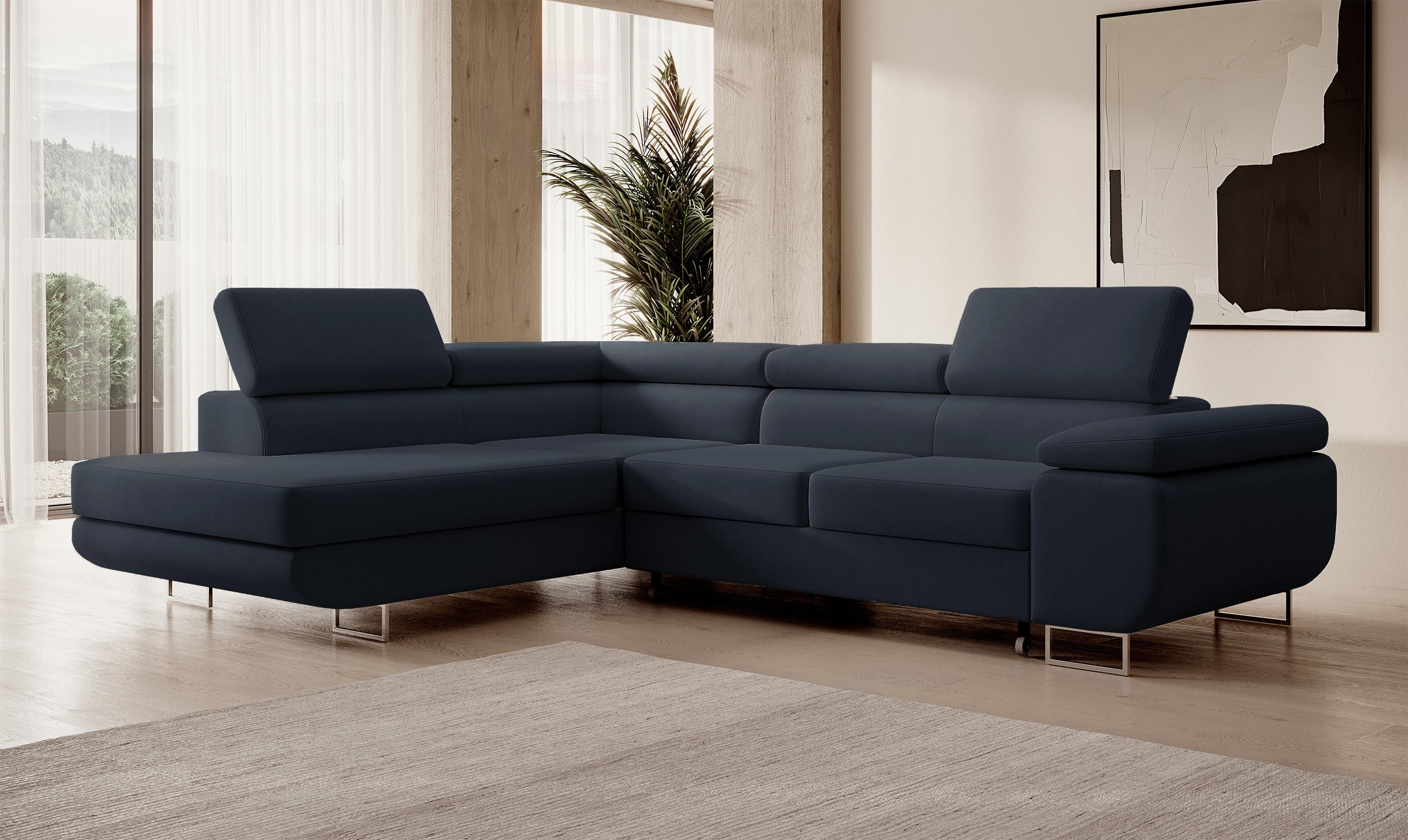 Ecksofa mit Schlaffunktion Stevil, L-förmig, mit Stauraum, marineblauer, leicht zu reinigender Samt, linksseitig