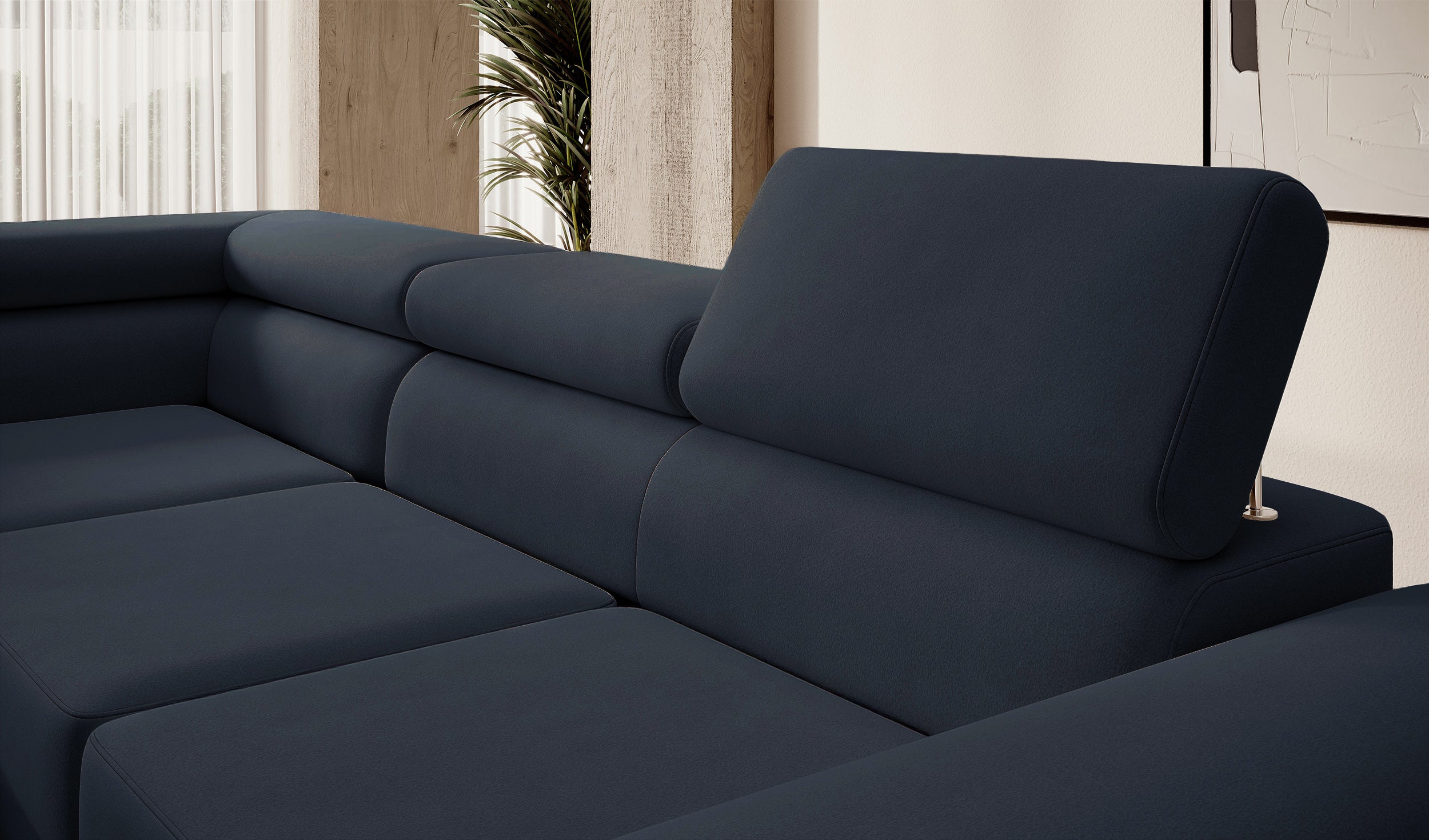 Ecksofa mit Schlaffunktion Stevil, L-förmig, mit Stauraum, marineblauer, leicht zu reinigender Samt, linksseitig