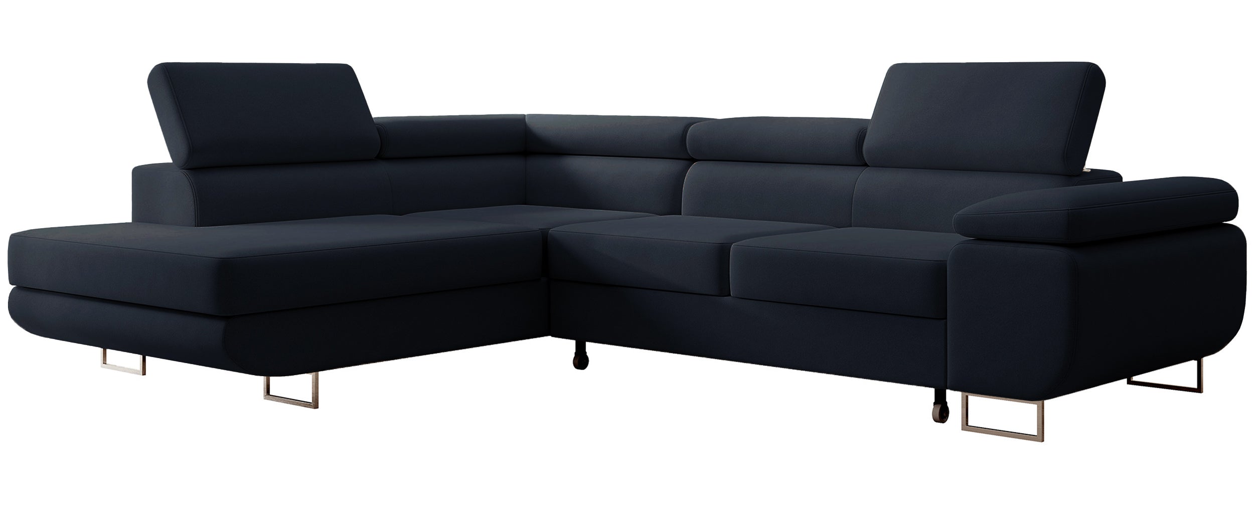 Ecksofa mit Schlaffunktion Stevil, L-förmig, mit Stauraum, marineblauer, leicht zu reinigender Samt, linksseitig
