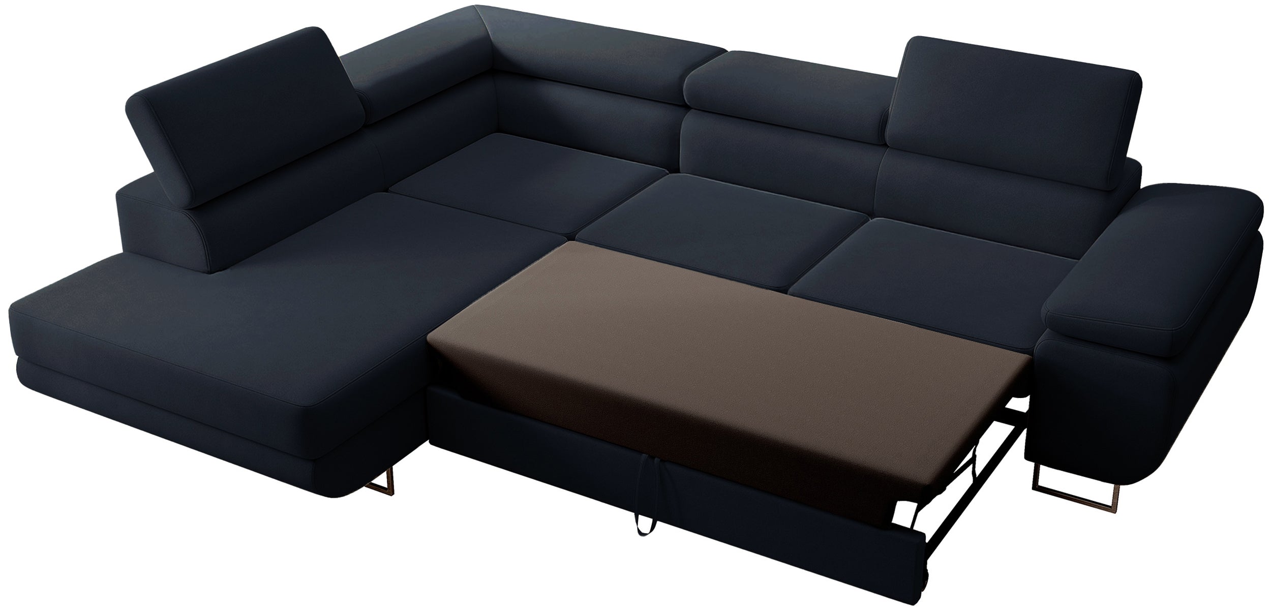 Ecksofa mit Schlaffunktion Stevil, L-förmig, mit Stauraum, marineblauer, leicht zu reinigender Samt, linksseitig
