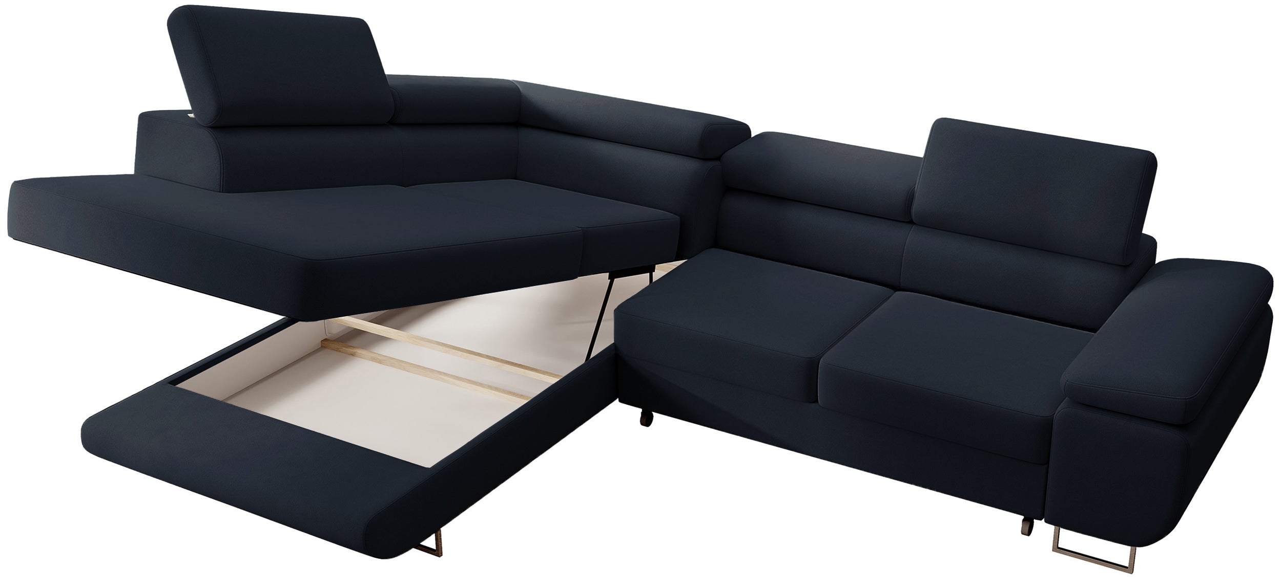 Ecksofa mit Schlaffunktion Stevil, L-förmig, mit Stauraum, marineblauer, leicht zu reinigender Samt, linksseitig