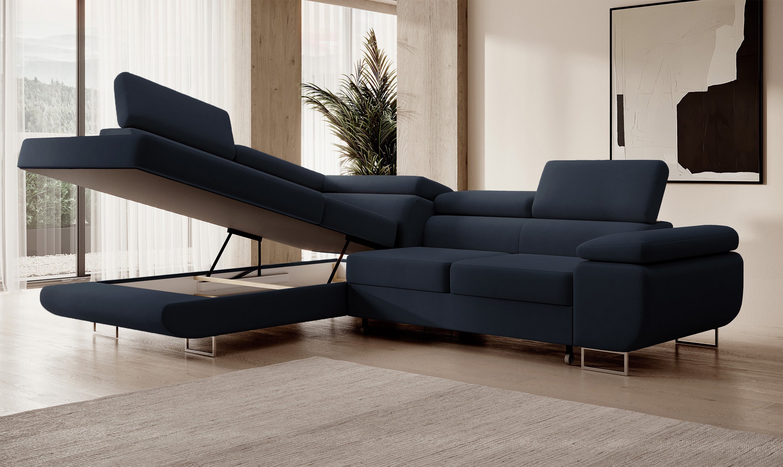 Ecksofa mit Schlaffunktion Stevil, L-förmig, mit Stauraum, marineblauer, leicht zu reinigender Samt, linksseitig