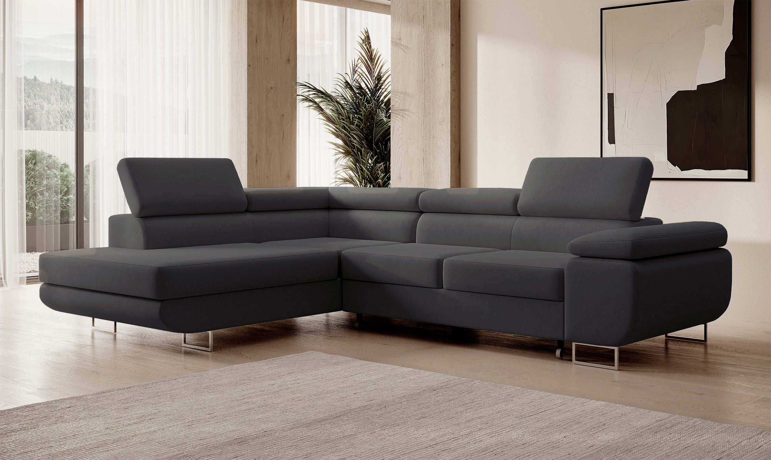 Ecksofa mit Schlafunktion Stevil, L-förmig, mit Stauraum, dunkelgrauer, pflegeleichter Samt, linksseitig