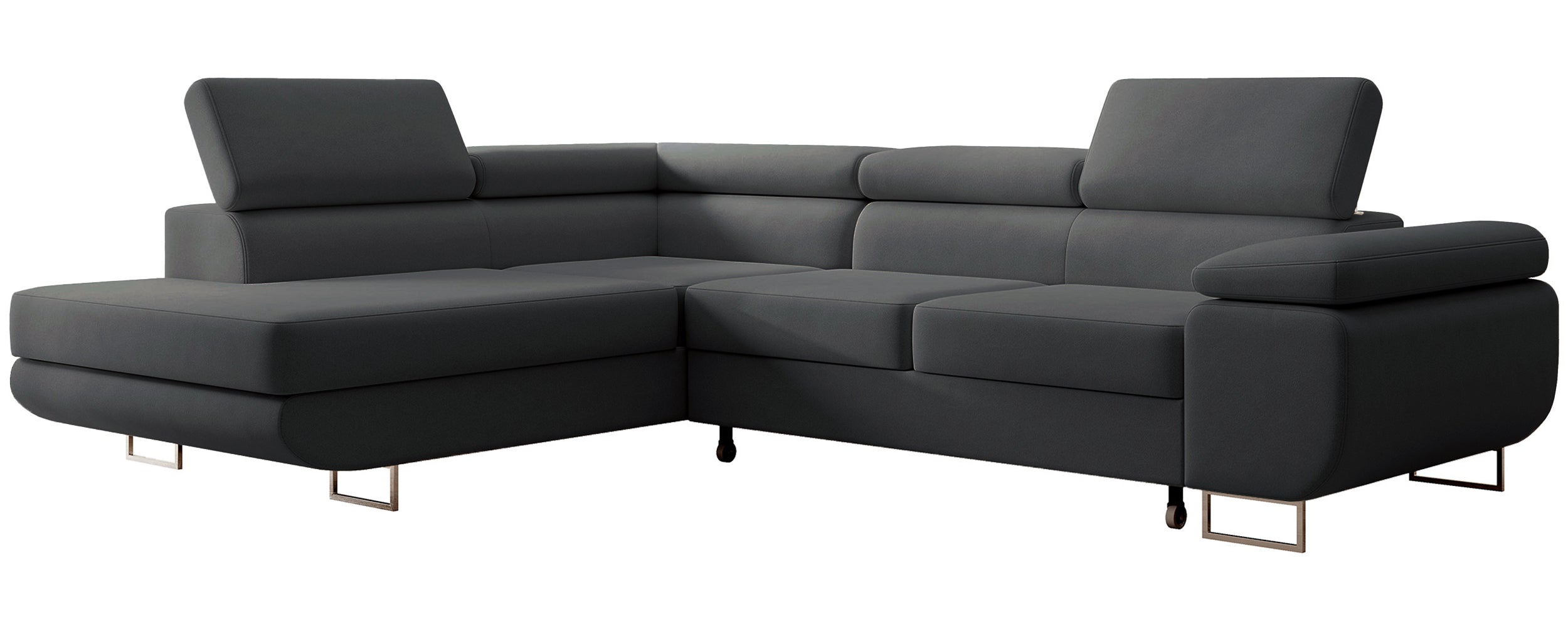 Ecksofa mit Schlafunktion Stevil, L-förmig, mit Stauraum, dunkelgrauer, pflegeleichter Samt, linksseitig