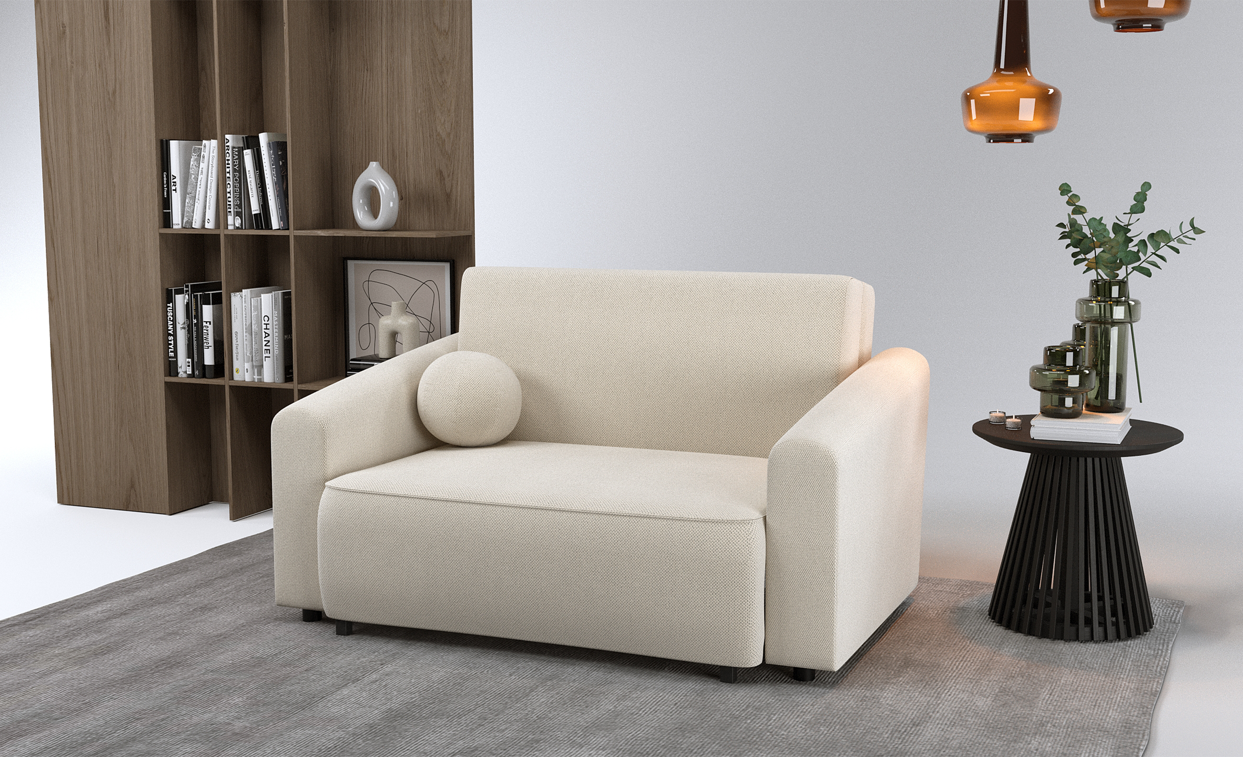 Zweisitziges ausklappbares Sofa Stevio 150 cm mit Stauraum, cremefarben, hydrophobes Chenille