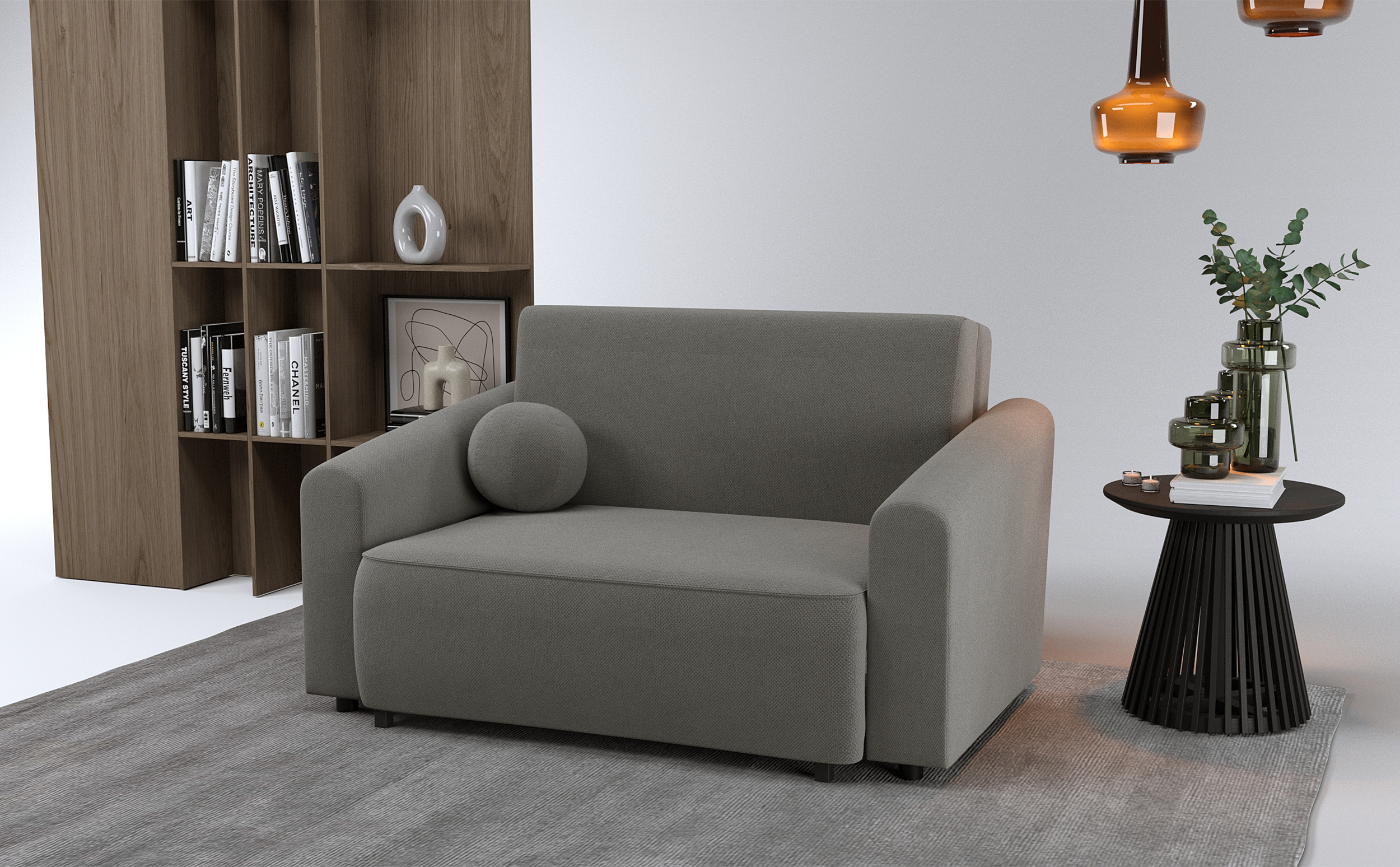 Zweisitziges ausklappbares Sofa Stevio 150 cm mit Stauraum, dunkelgrauer hydrophober Chenillestoff