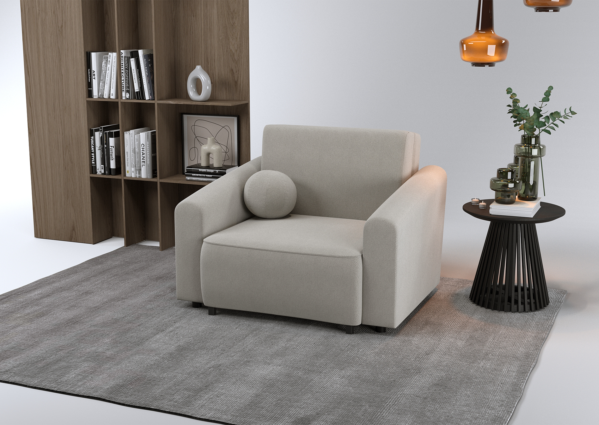 Klappbarer Sessel Stevio mit Stauraum, hellbeiger hydrophober Chenille-Stoff