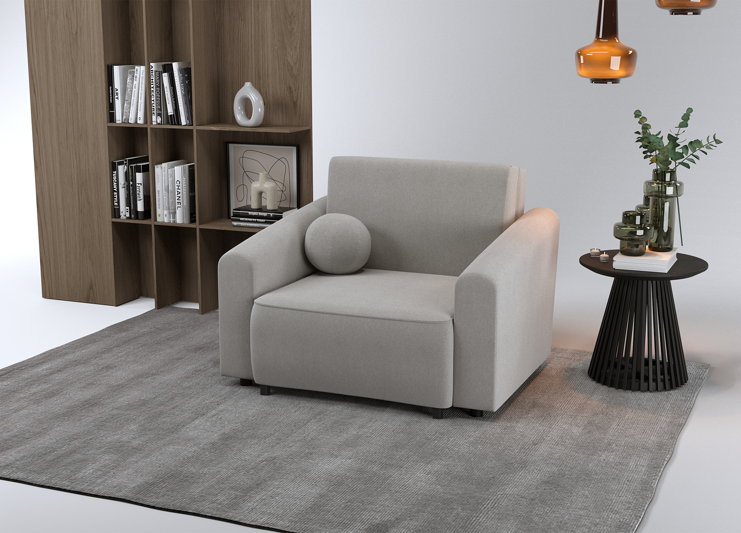 Ausklappbarer Stuhl Stevio mit Stauraum, grauer hydrophober Chenille-Stoff