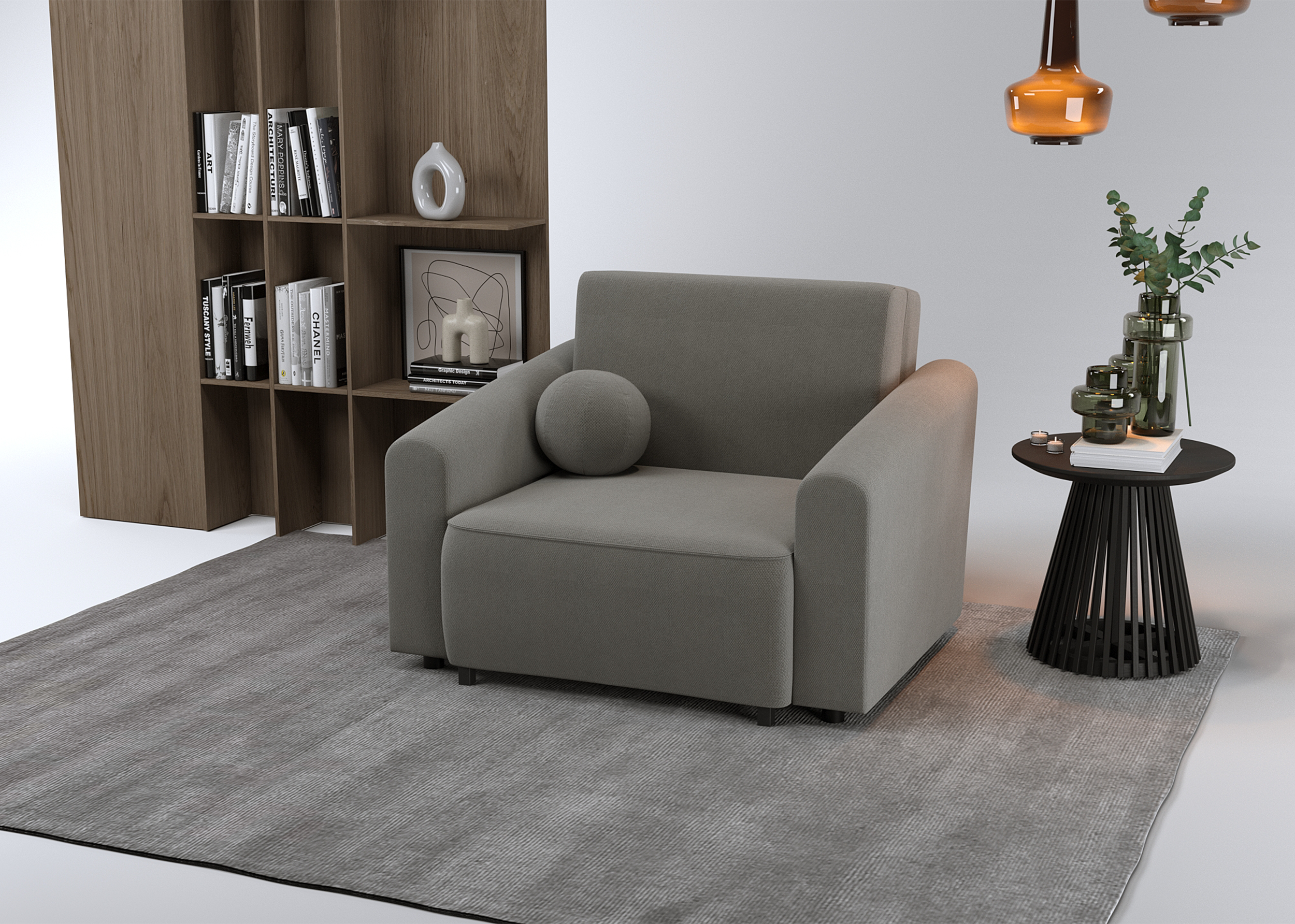 Klappbarer Sessel Stevio mit Stauraum, dunkelgrauer hydrophober Chenillestoff