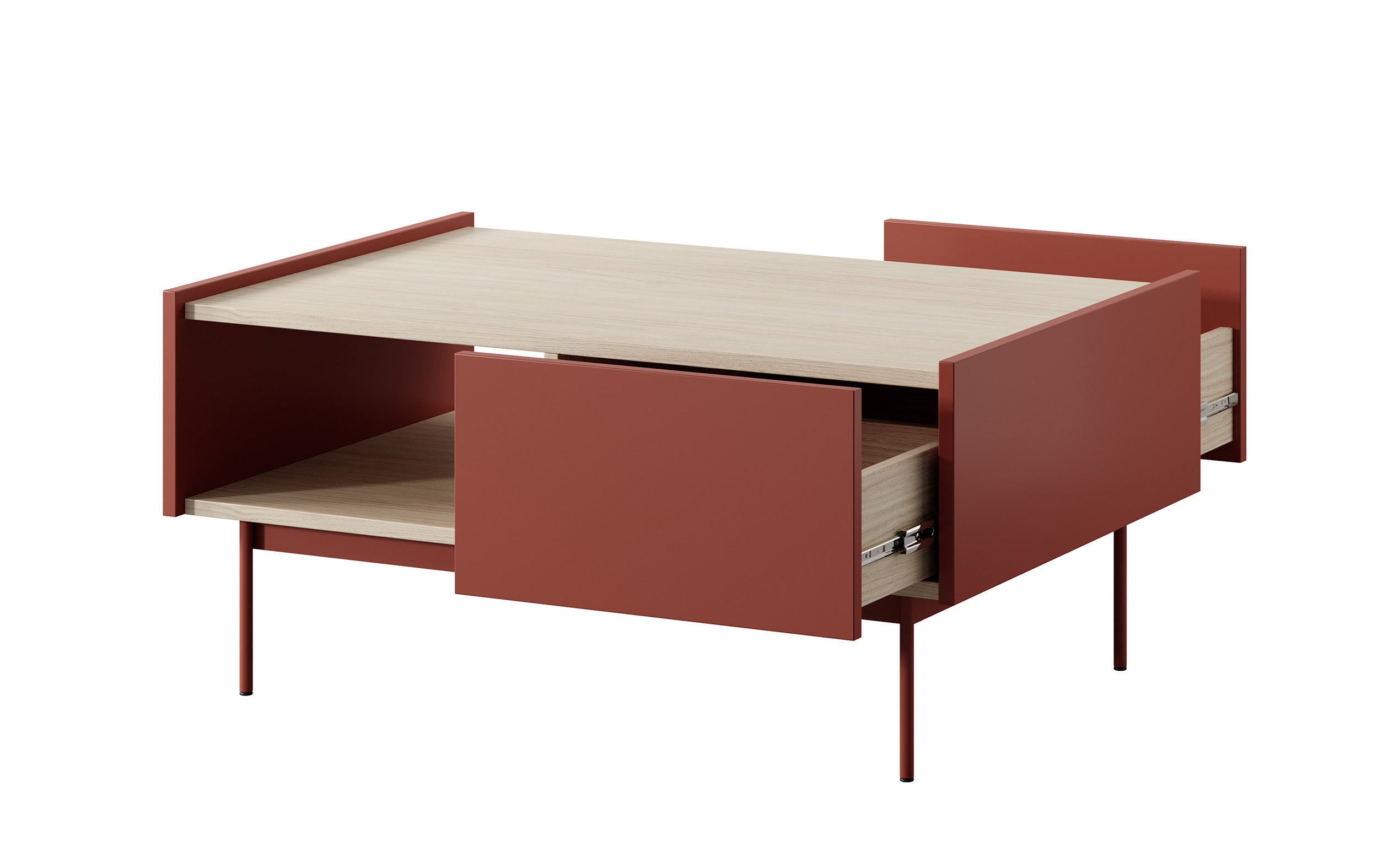Couchtisch Color 97x65 cm mit Schubladen Ziegelrot / Eiche Linea