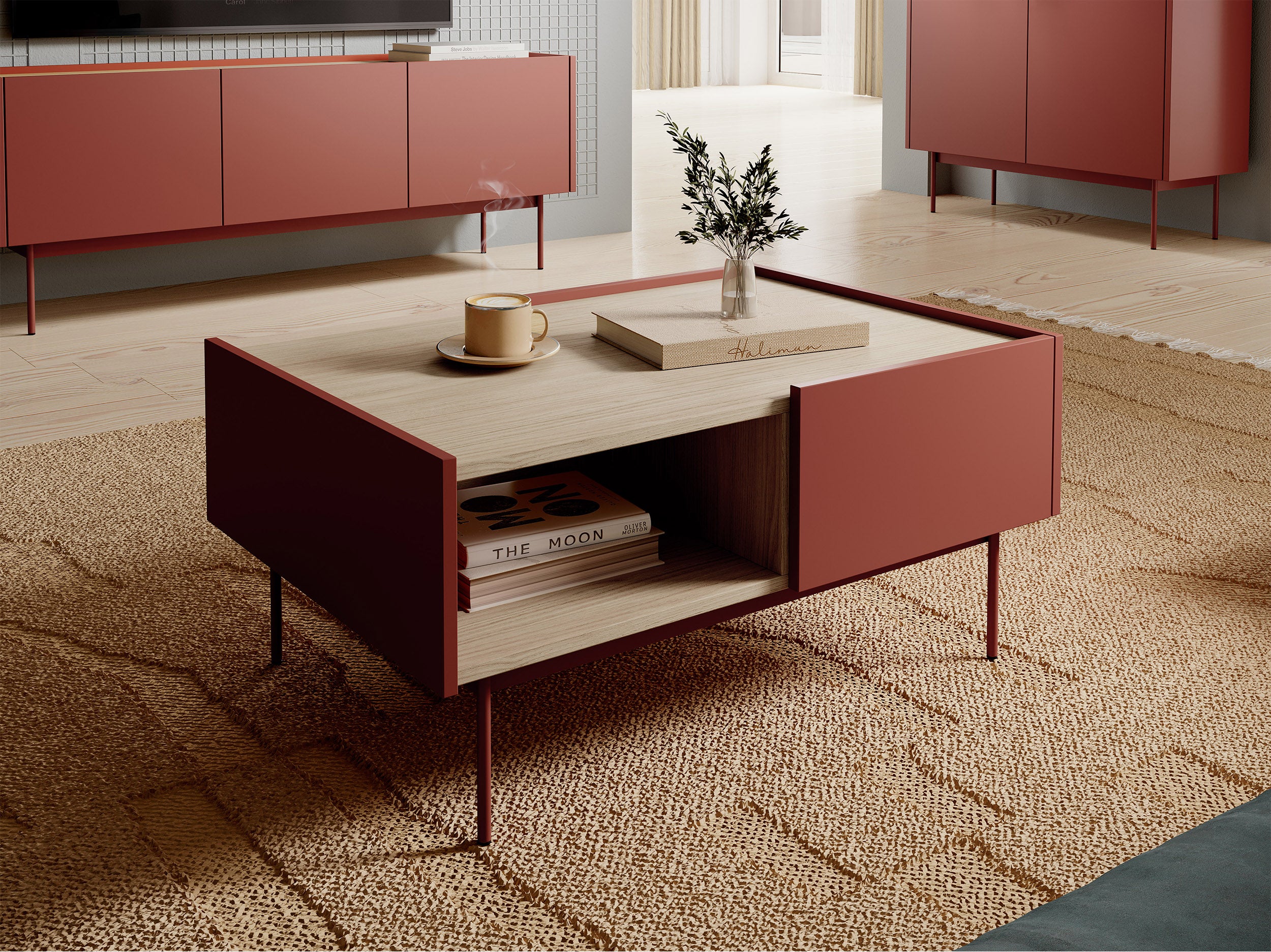 Couchtisch Color 97x65 cm mit Schubladen Ziegelrot / Eiche Linea