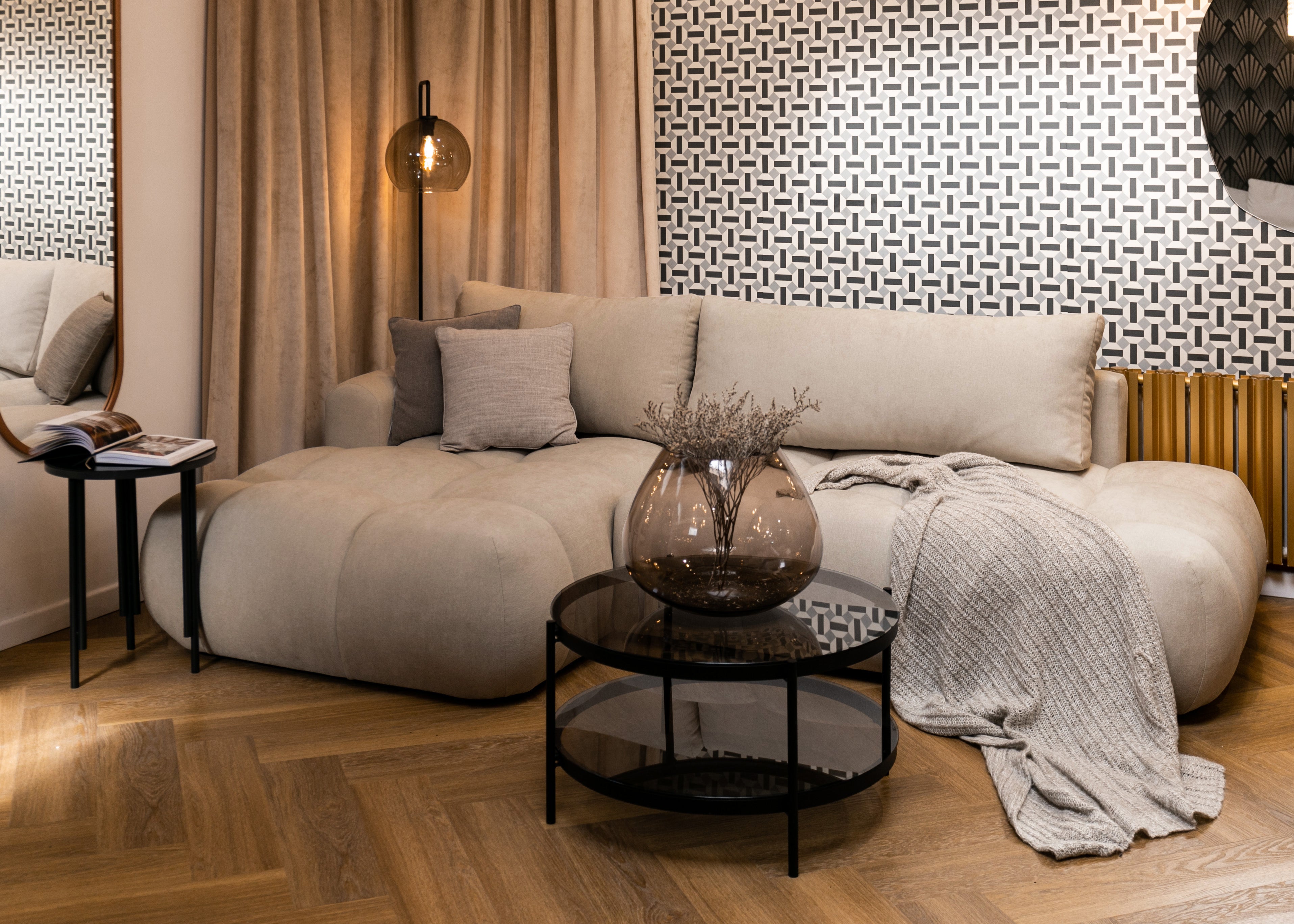 Ecksofa mit Schlaffunktion Ombo, beige, L-Form, mit Stauraum, aus leicht zu reinigendem Flechtstoff, linksseitig