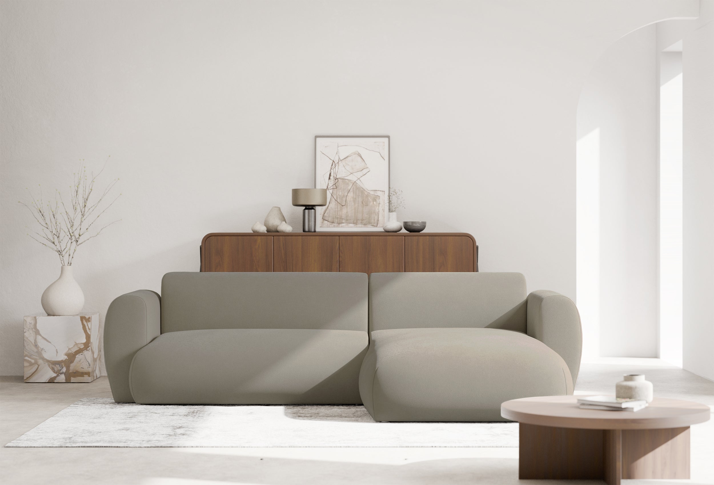 Ecksofa mit Schlafunktion Emia, L-förmig, rechtsseitig, grau-beige, pflegeleichter Chenillestoff