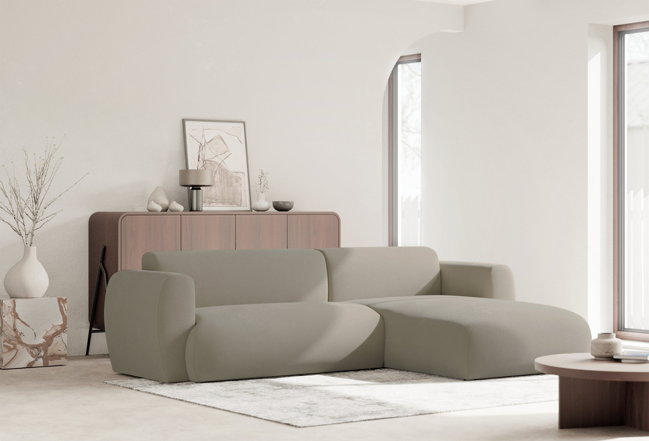 Ecksofa mit Schlafunktion Emia, L-förmig, rechtsseitig, grau-beige, pflegeleichter Chenillestoff