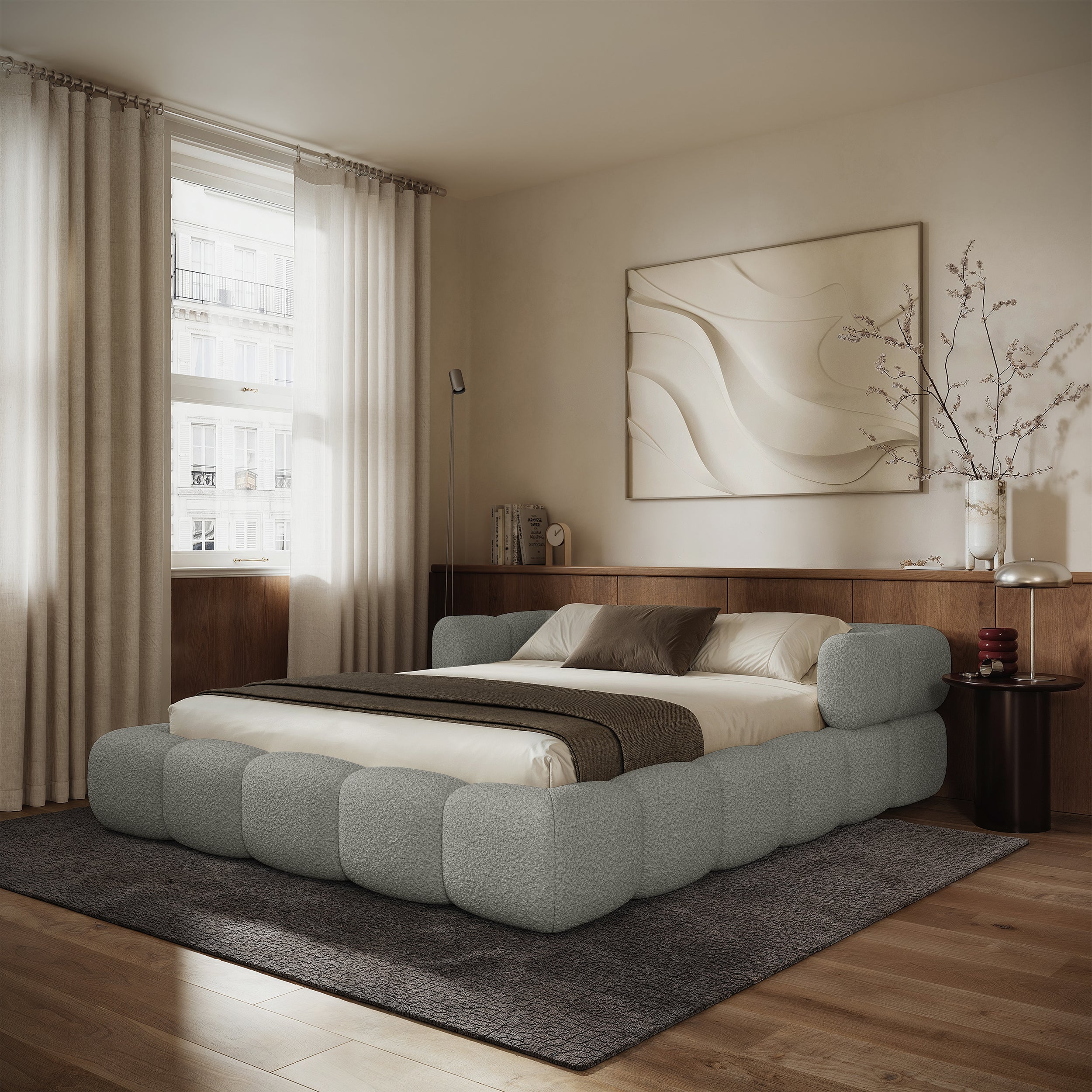 Polsterbett 160x200 cm Stormi mit Rollrost, hellgrauer Chenille
