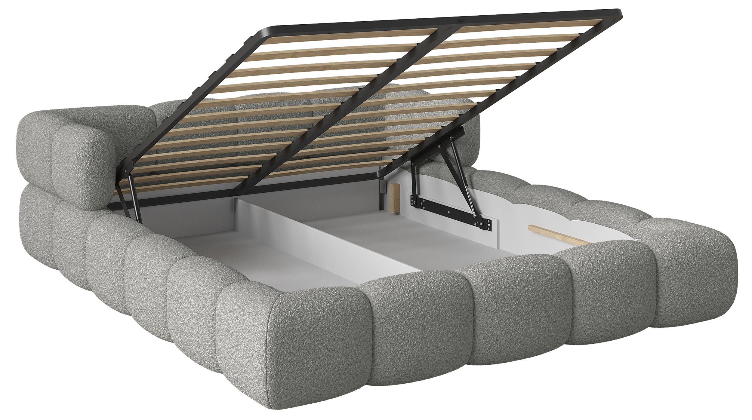 Upholstered bed 200x200 cm Stormi mit Stauraum, Metallrahmen, hellgrauer Chenille