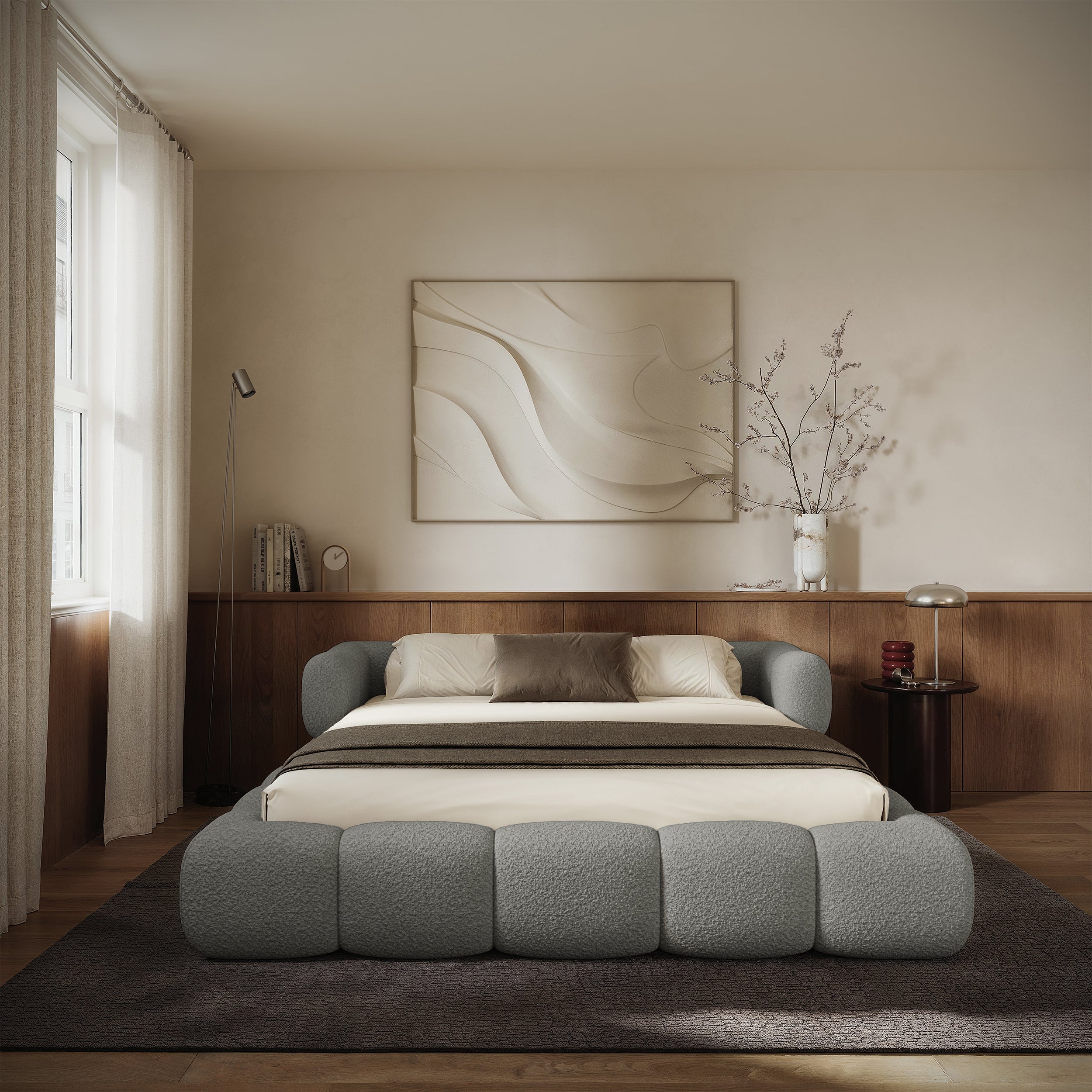 Polsterbett 160x200 cm Stormi mit Rollrost, hellgrauer Chenille