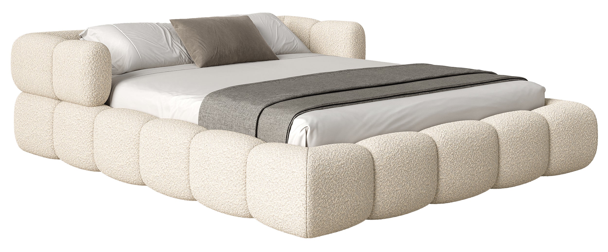 Upholstered bed 120x200 cm Stormi mit rollbarem Lattenrost, cremefarbenes Chenille