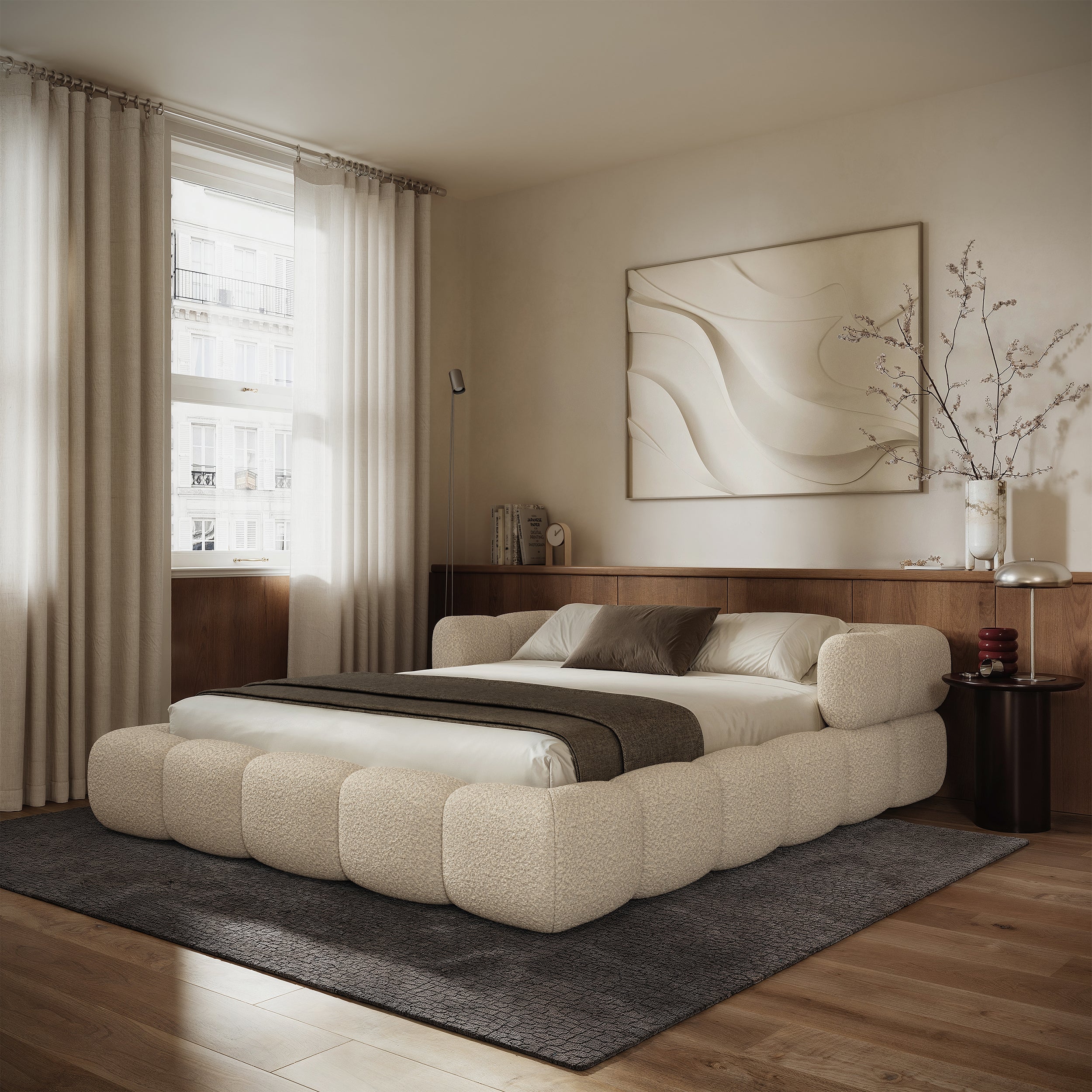 Upholstered bed 120x200 cm Stormi mit rollbarem Lattenrost, cremefarbenes Chenille
