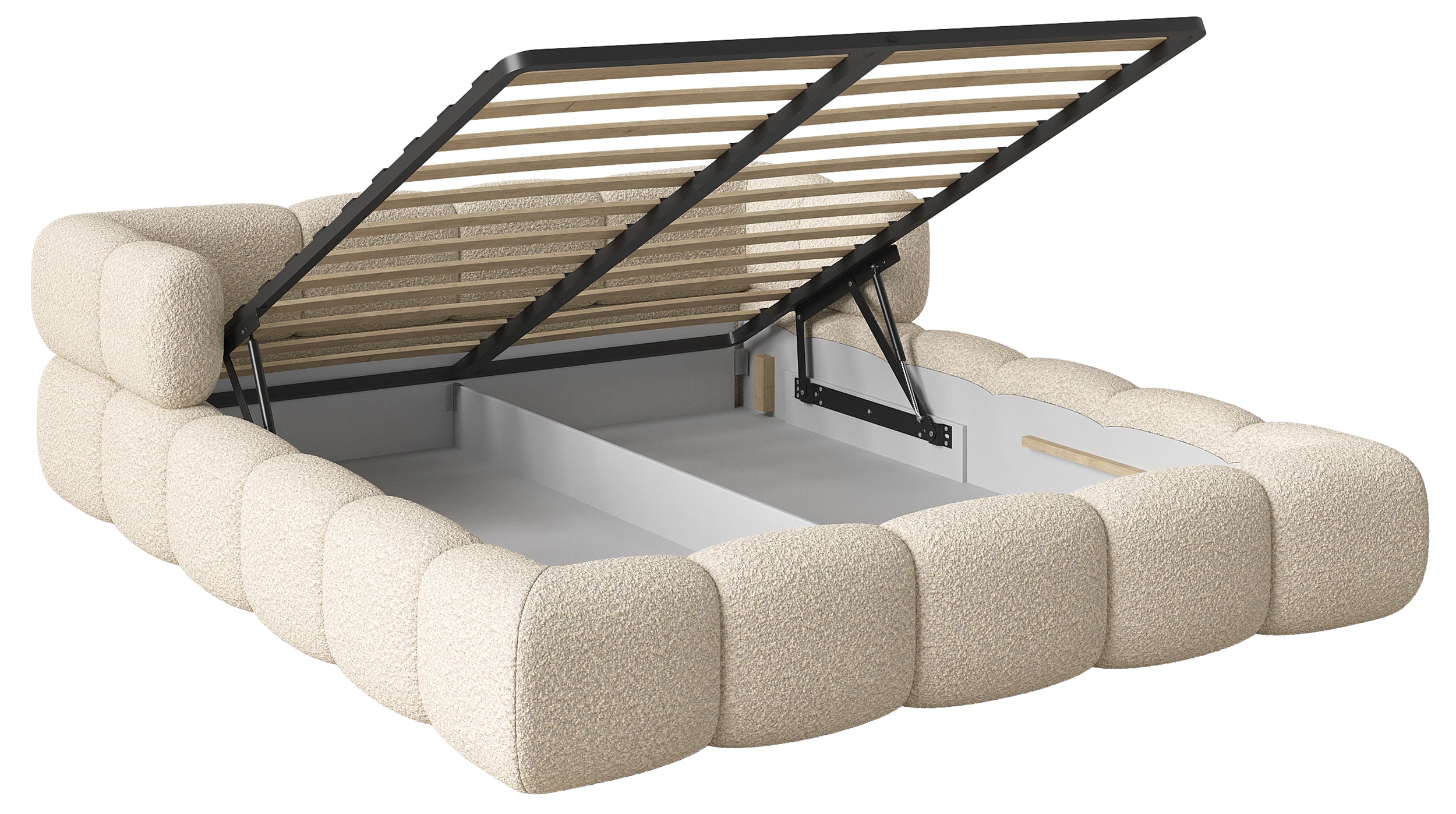 Upholstered bed 120x200 cm Stormi with storage, metal frame, cream chenille