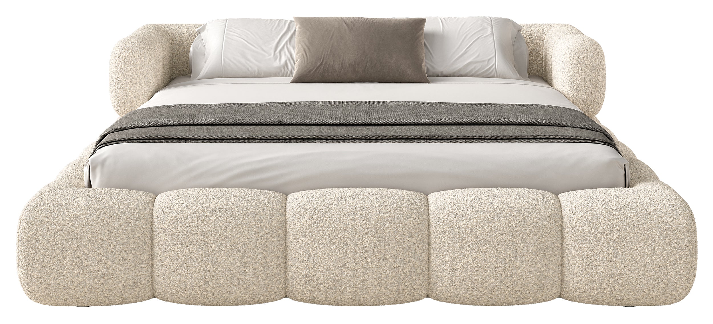 Upholstered bed 120x200 cm Stormi mit rollbarem Lattenrost, cremefarbenes Chenille