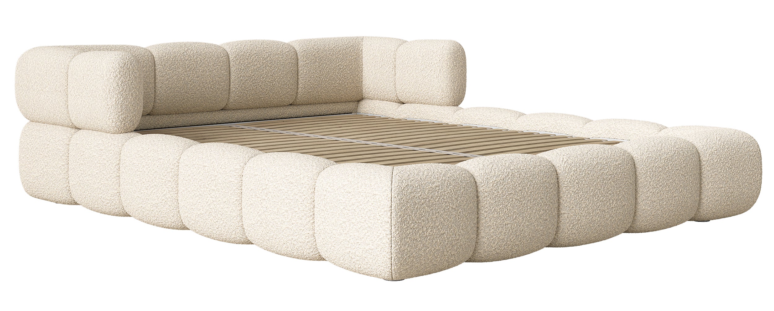 Upholstered bed 120x200 cm Stormi mit rollbarem Lattenrost, cremefarbenes Chenille