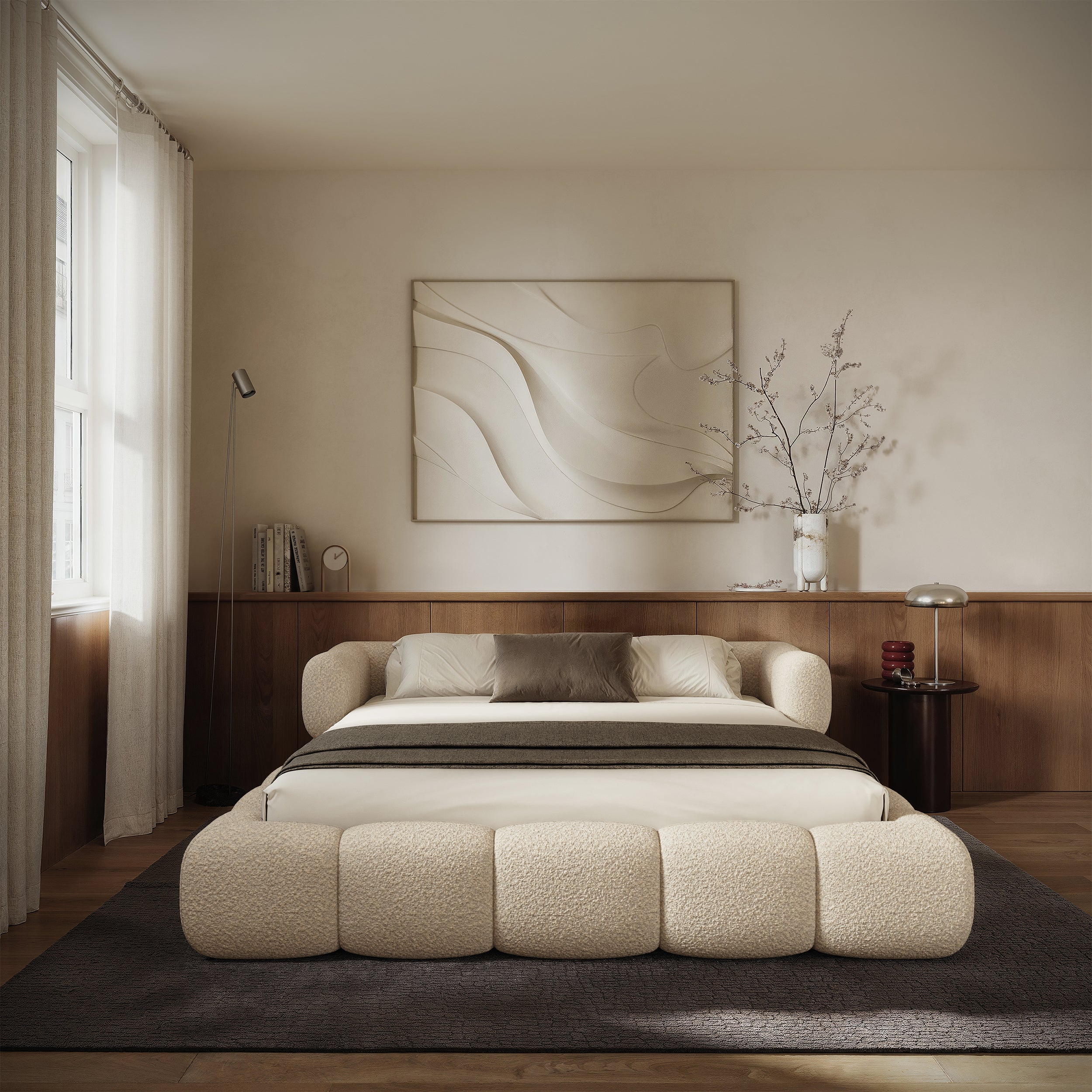 Upholstered bed 120x200 cm Stormi mit rollbarem Lattenrost, cremefarbenes Chenille