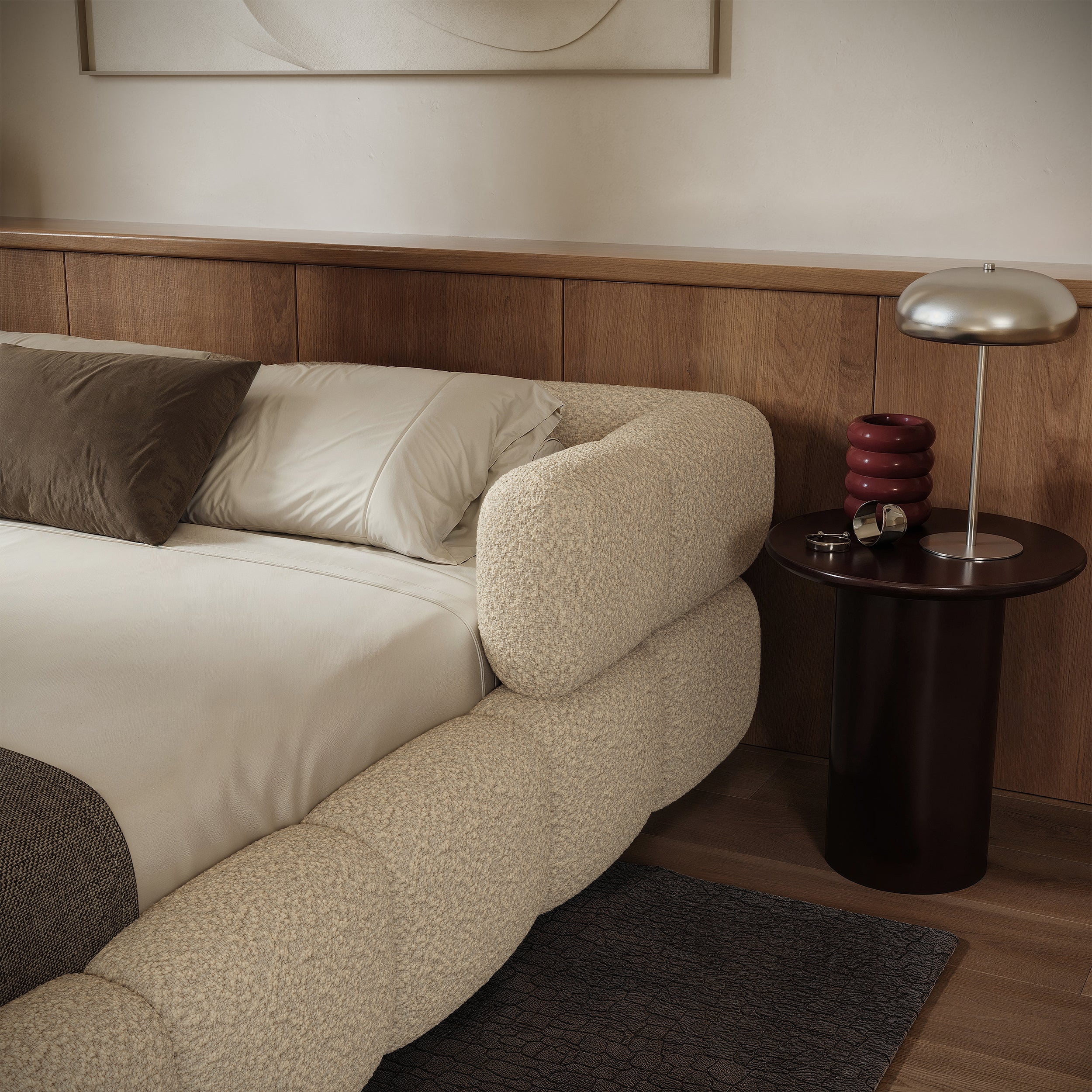 Upholstered bed 120x200 cm Stormi mit rollbarem Lattenrost, cremefarbenes Chenille