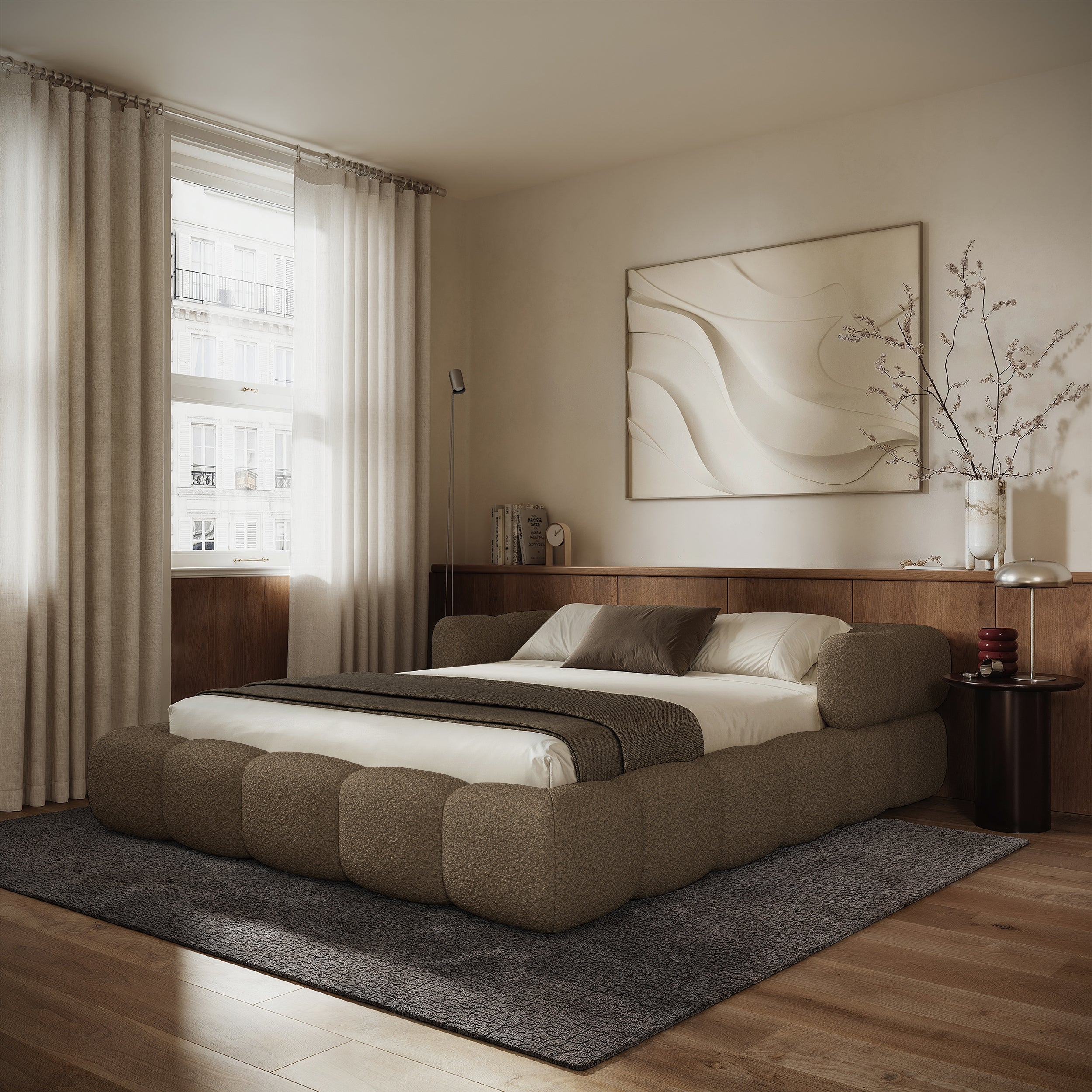 Upholstered bed 120x200 cm Stormi with storage metal frame light brown chenille