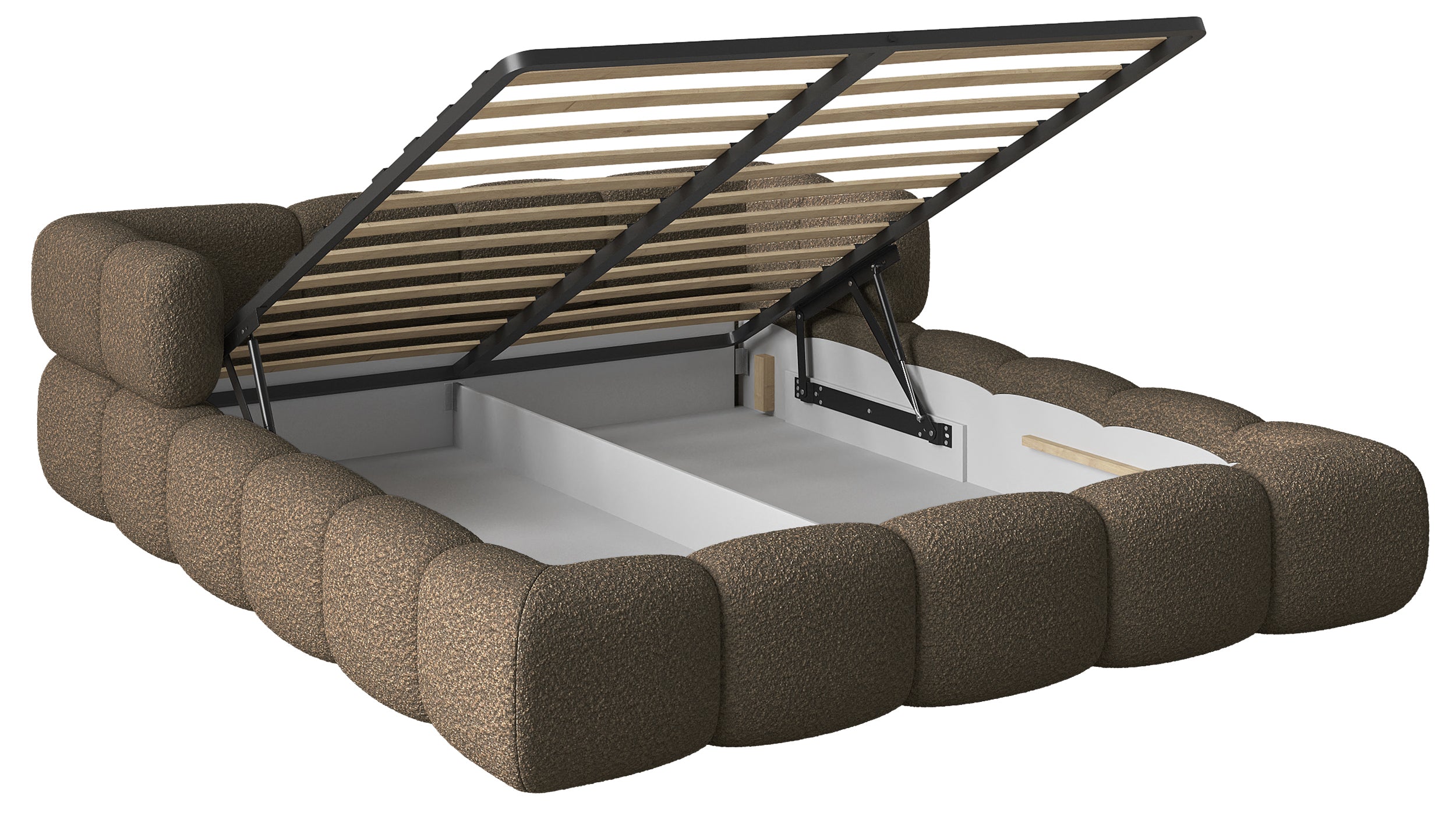 Upholstered bed 120x200 cm Stormi with storage metal frame light brown chenille