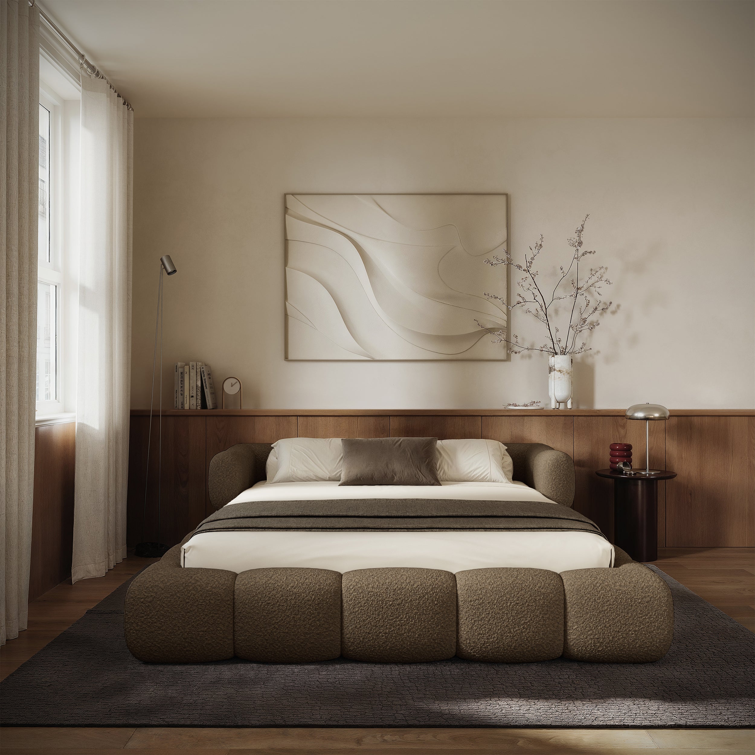 Upholstered bed 120x200 cm Stormi with storage metal frame light brown chenille