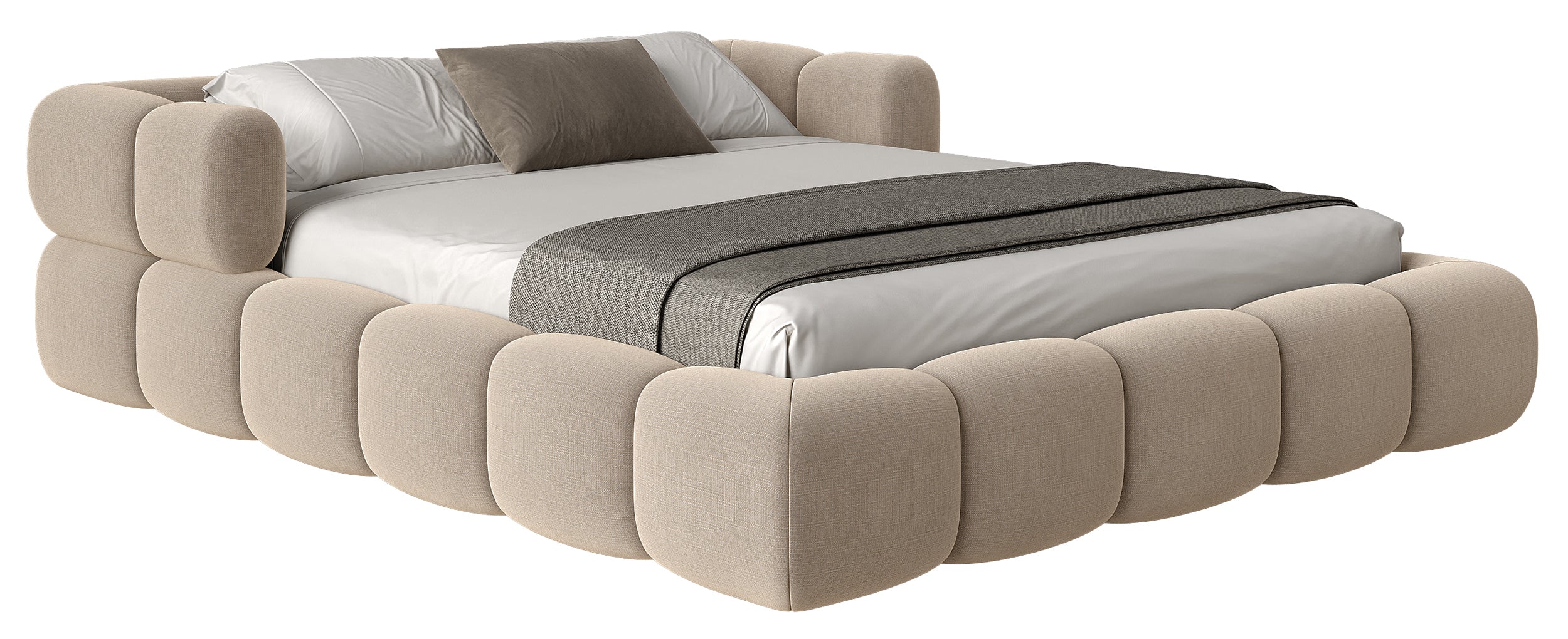 Upholstered bed 160x200 cm Stormi roll-up slatted frame beige chenille hydrophobic easy-clean