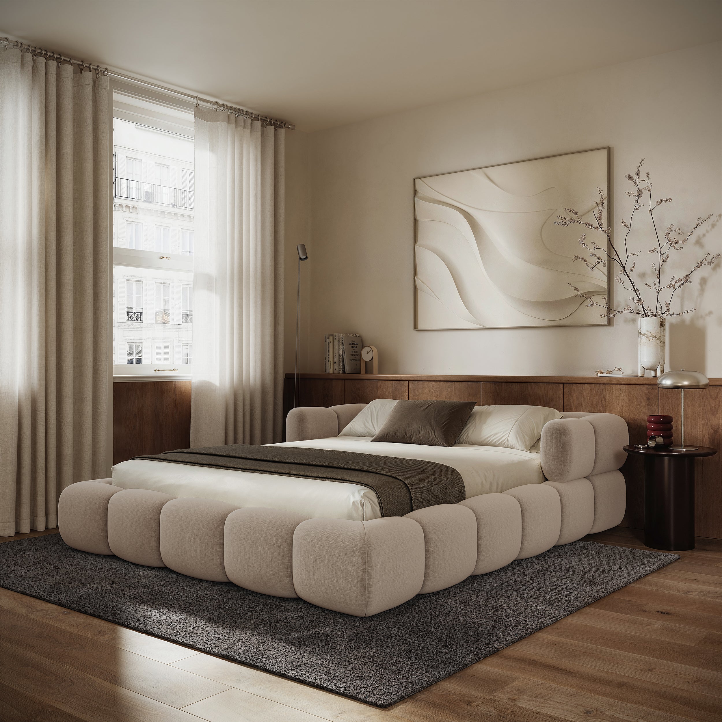 Upholstered bed 160x200 cm Stormi roll-up slatted frame beige chenille hydrophobic easy-clean
